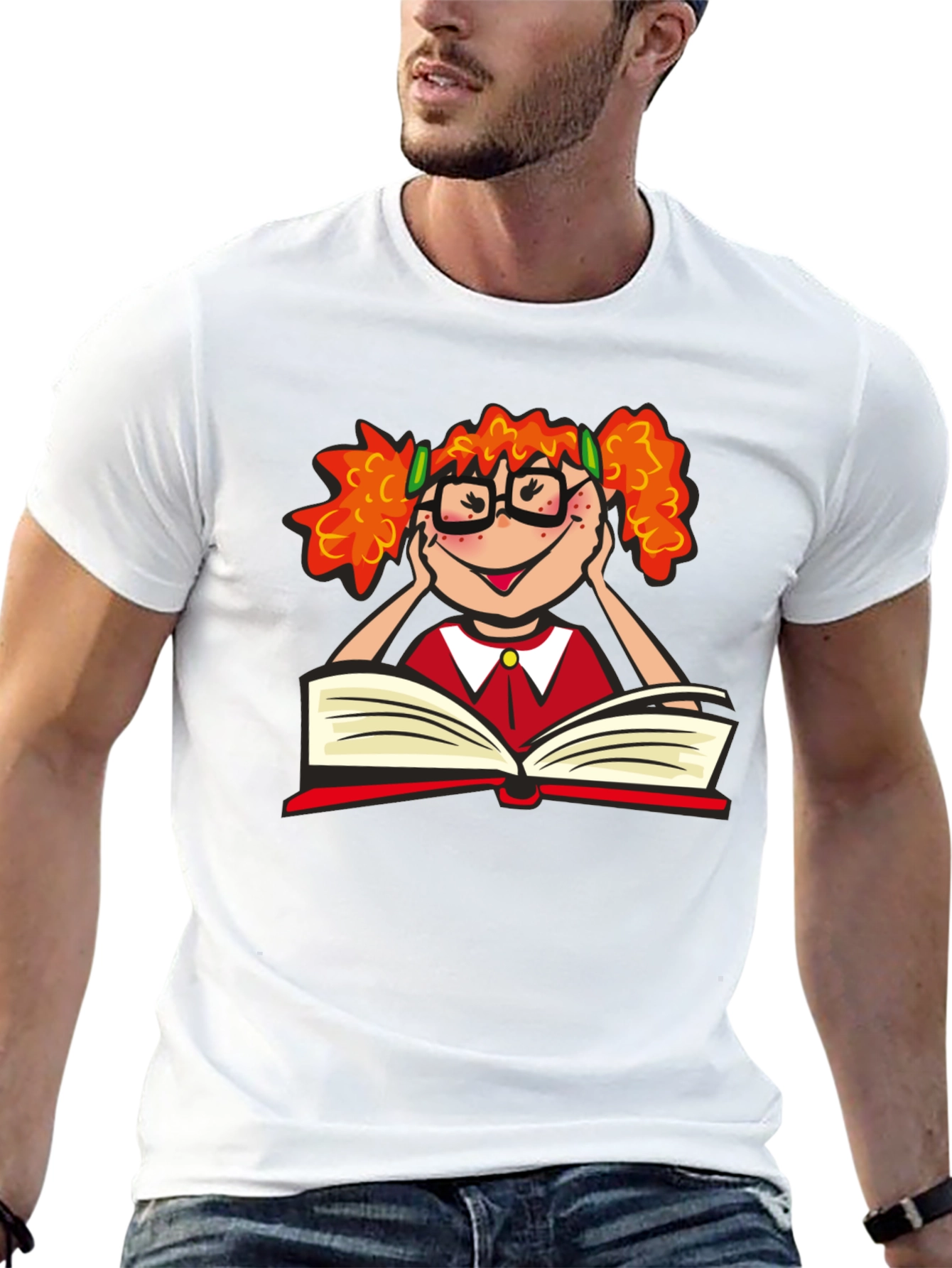 Black Nerdy Girl Reading T-Shirt - Black Cotton Tee view 13