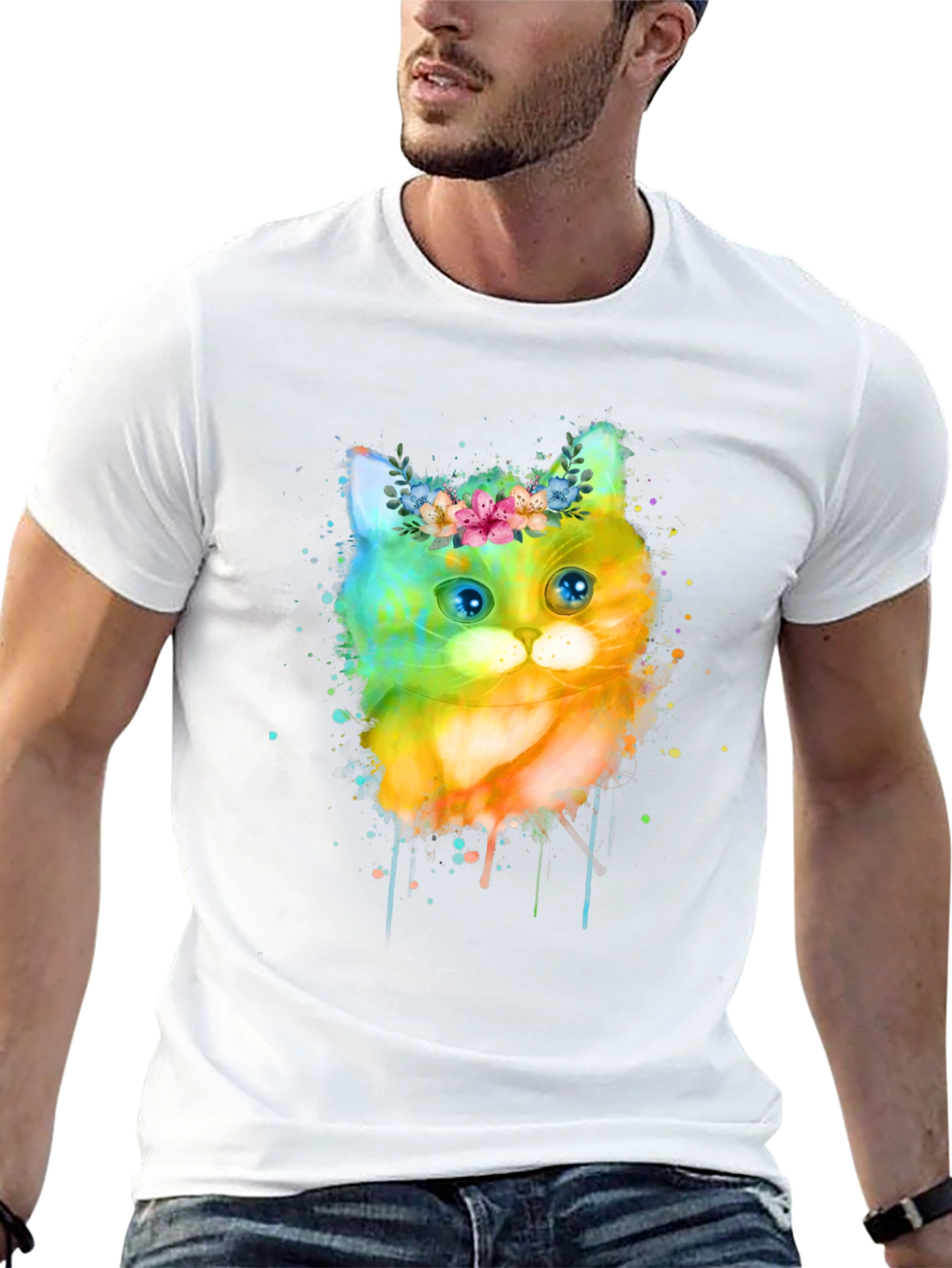 Black Watercolor Cat T-Shirt - Floral Crown Kitten Tee view 13