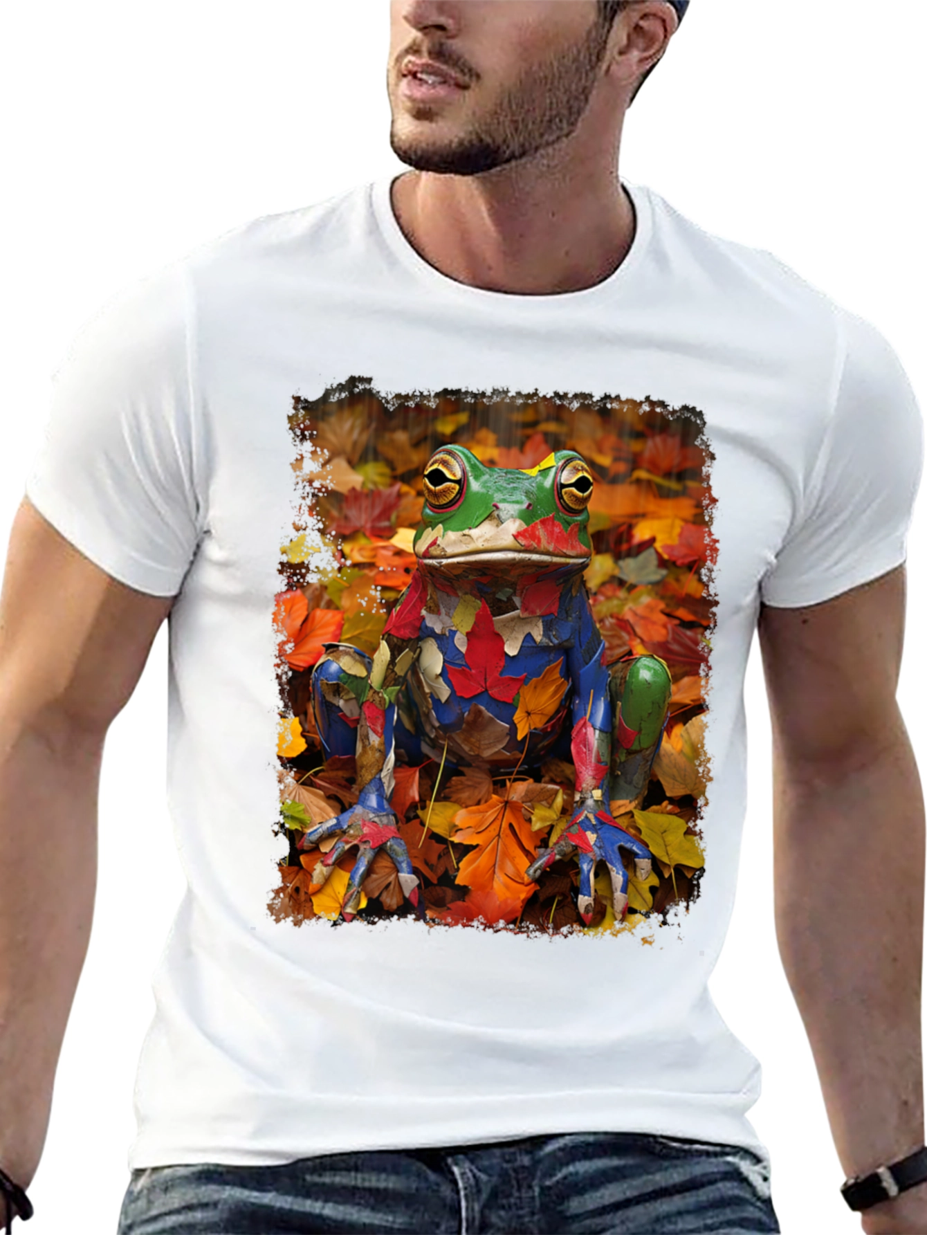 Black Frog in Fall Leaves Black T-Shirt view 13