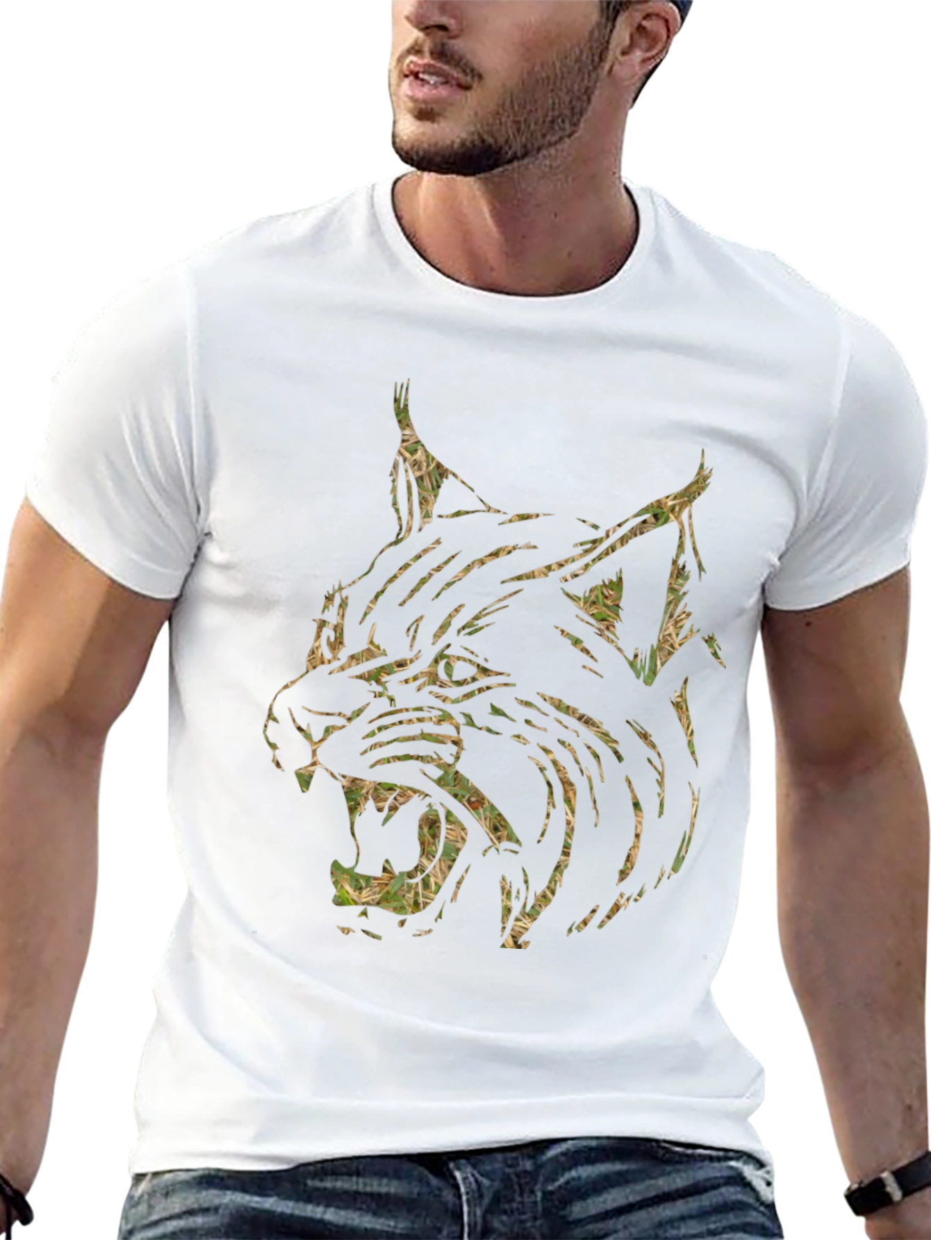 Black Men's Black T-Shirt with Camo Lynx Graphic view 13