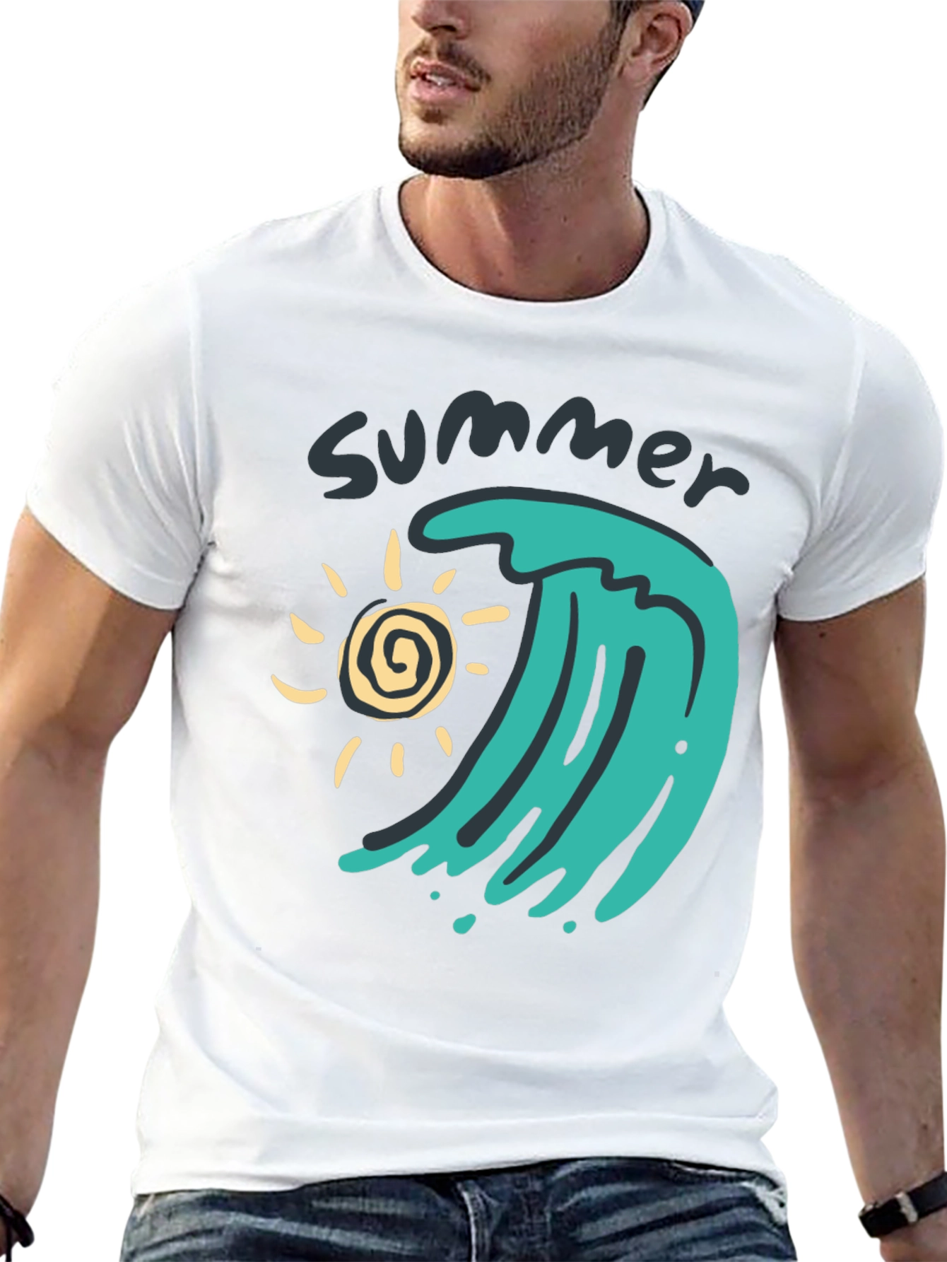 Black Summer Wave Graphic Tee - Black Cotton T-Shirt view 13