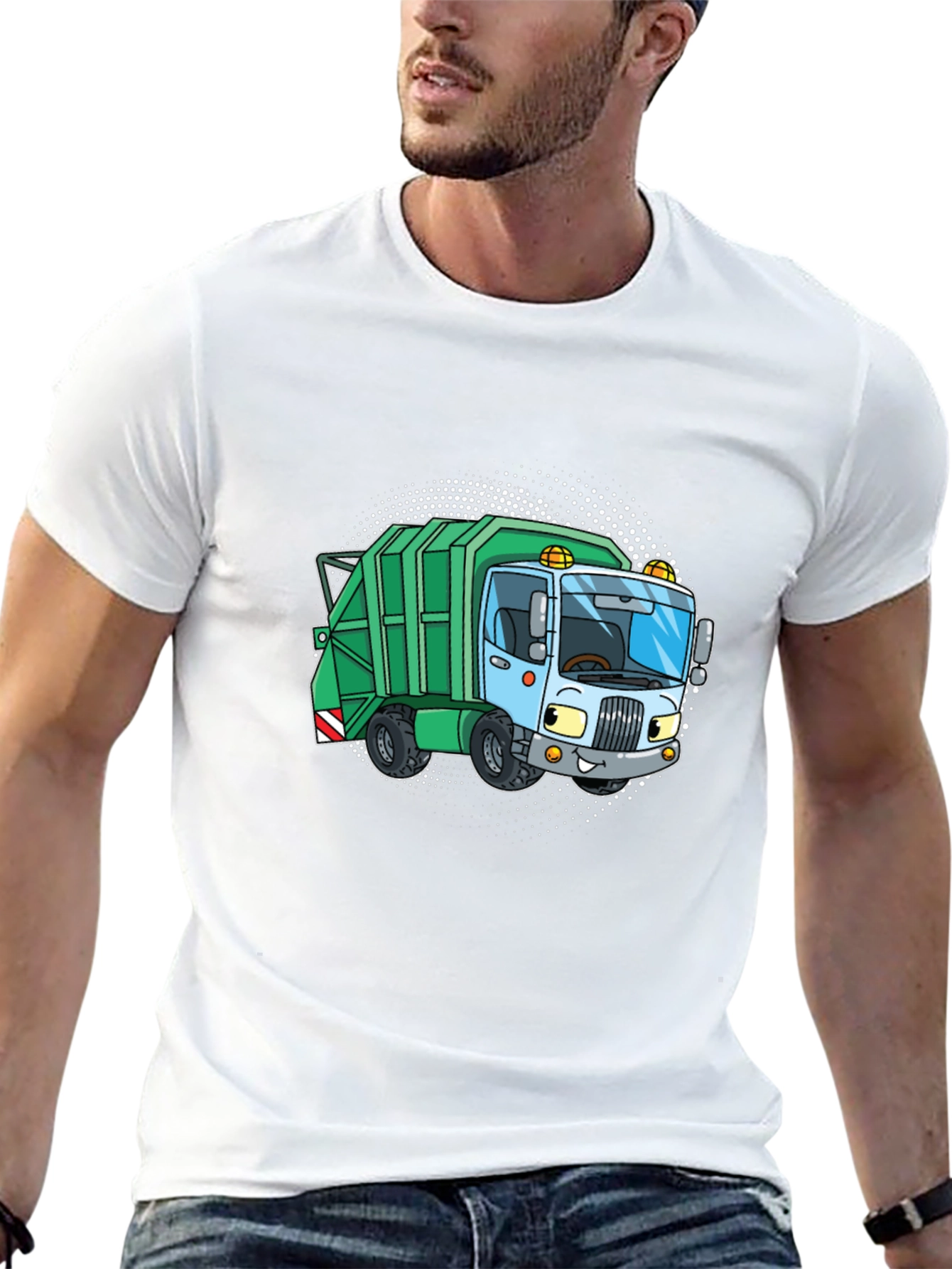 Black Garbage Truck Cartoon T-Shirt - Black Crew Neck Tee view 13