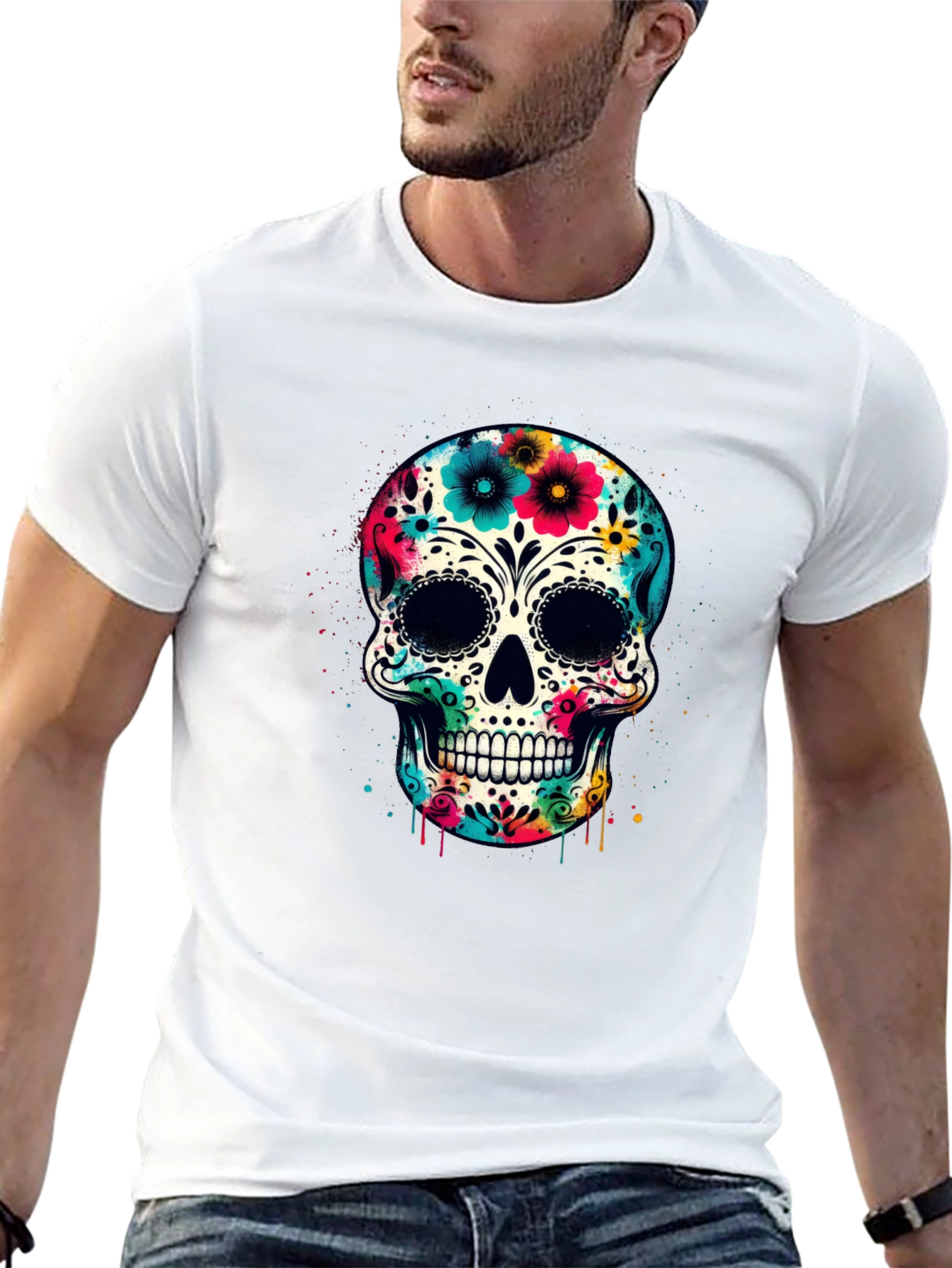 Black Floral Sugar Skull Graphic Tee - Day of the Dead Style view 13