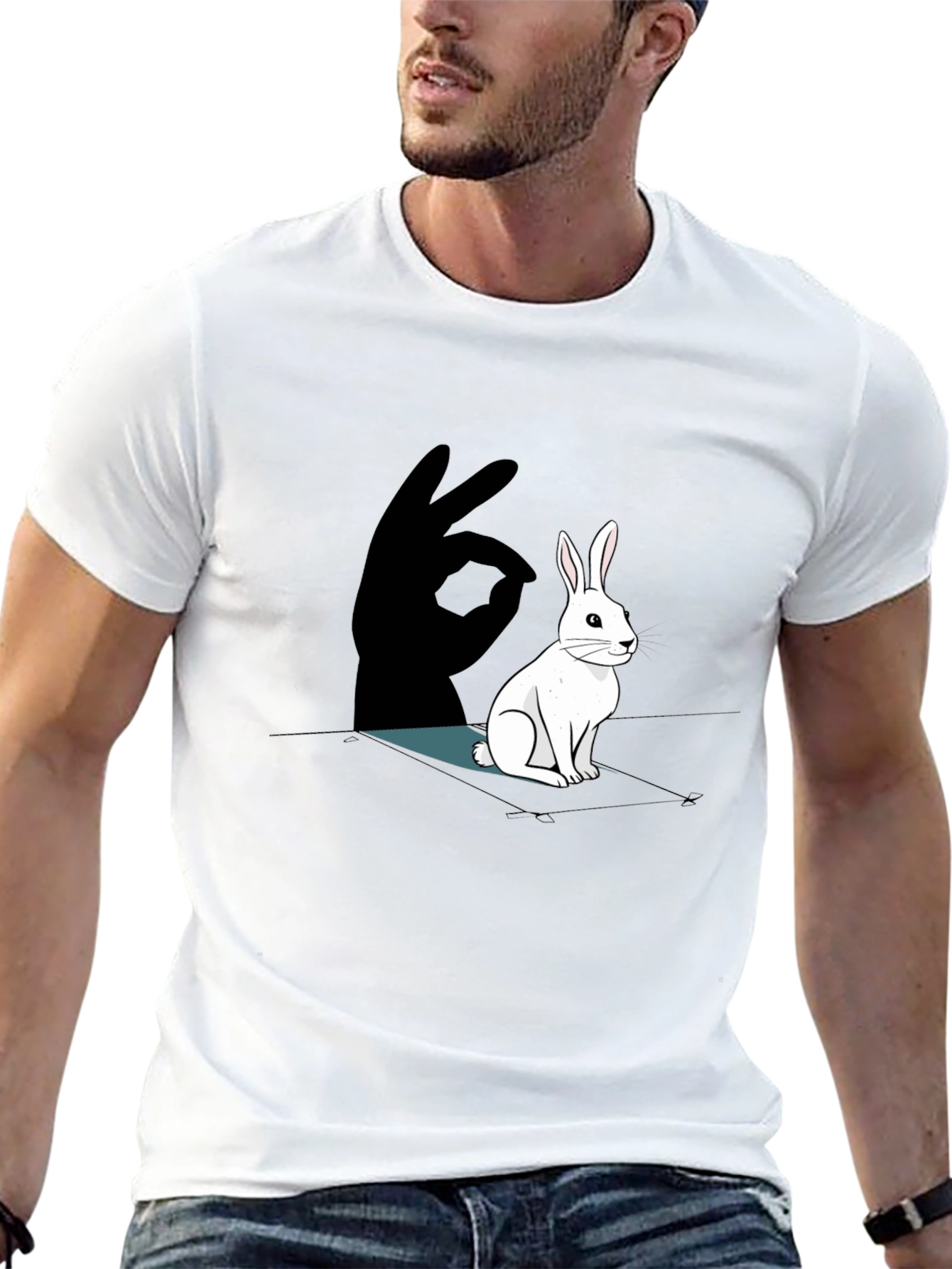 Black Rabbit Shadow Hand T-Shirt - Black Cotton Tee view 13