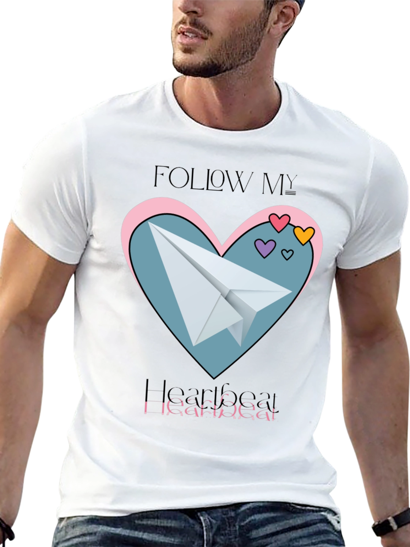 Black Follow My Heartbeat T-Shirt: Paper Airplane Love Design view 13