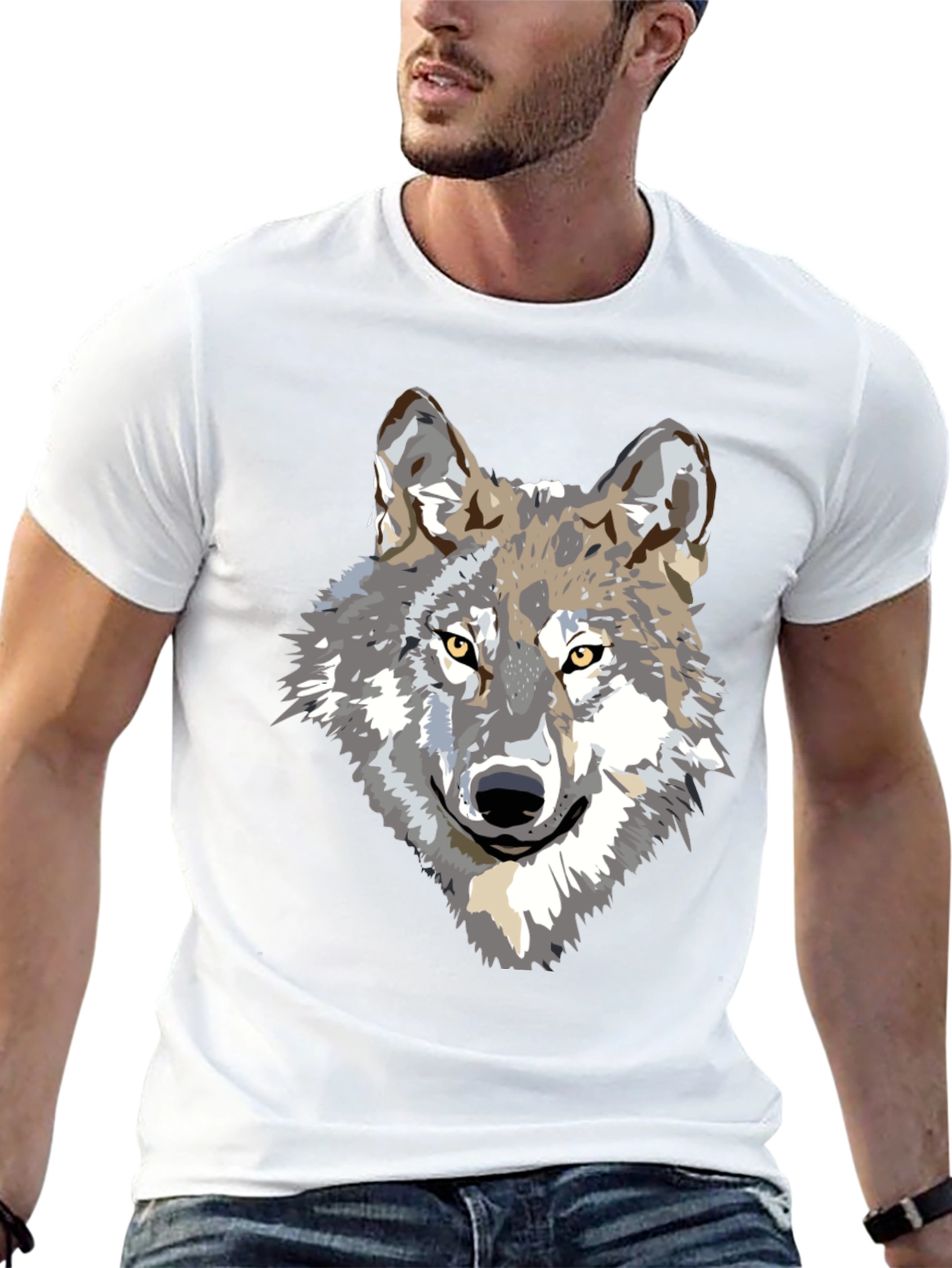 Black Men's Black T-Shirt with Wolf Graphic view 13