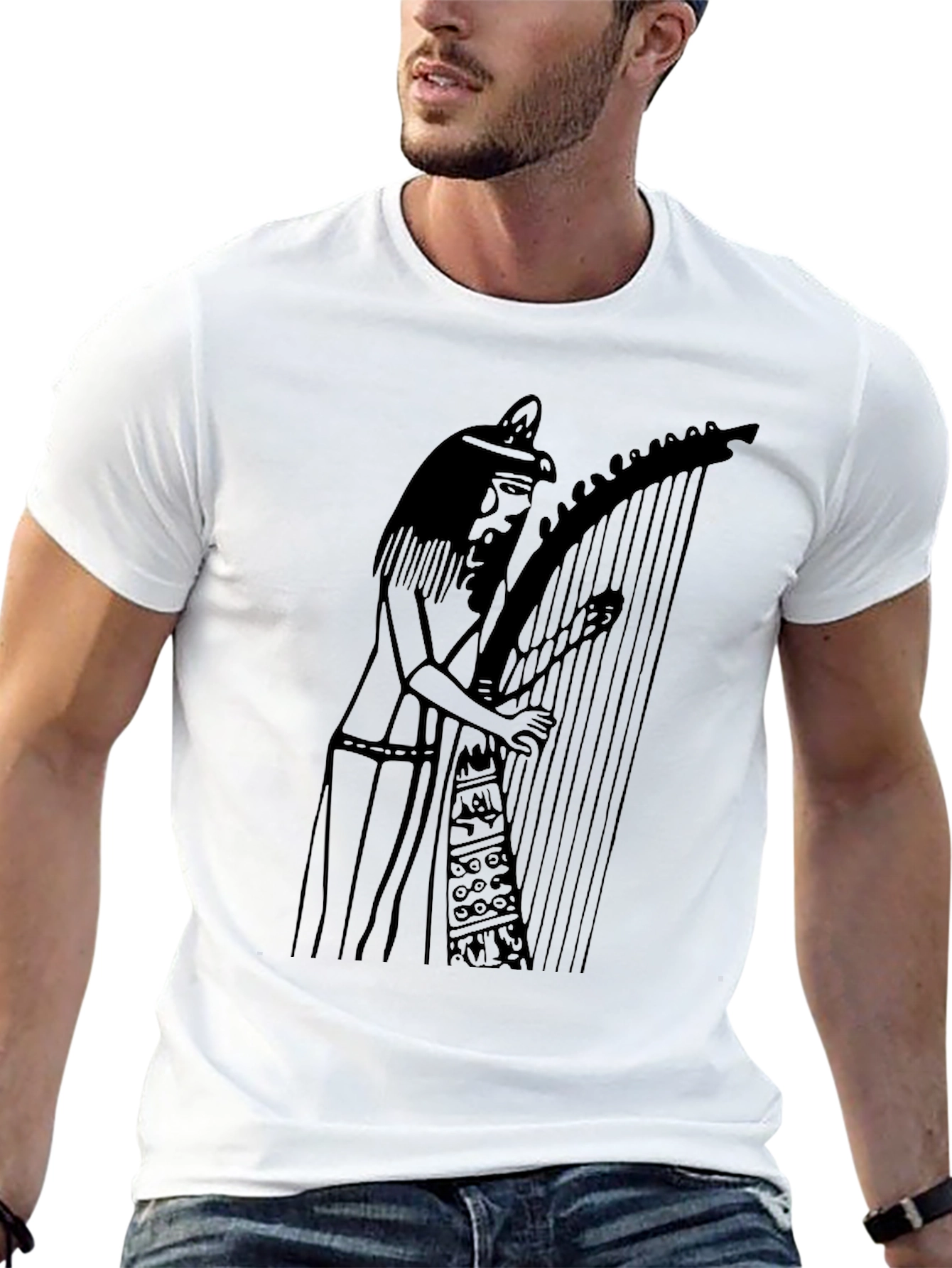Black Egyptian Harpist Graphic Tee - Black Unisex T-Shirt view 13