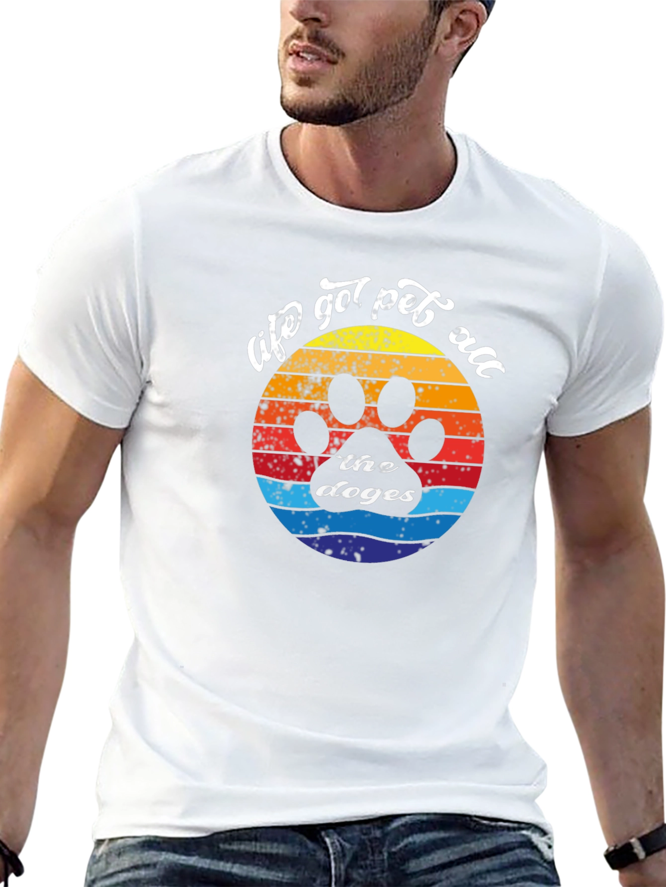 Black Retro Dog Paw T-Shirt - "life got pet all the doges" view 13