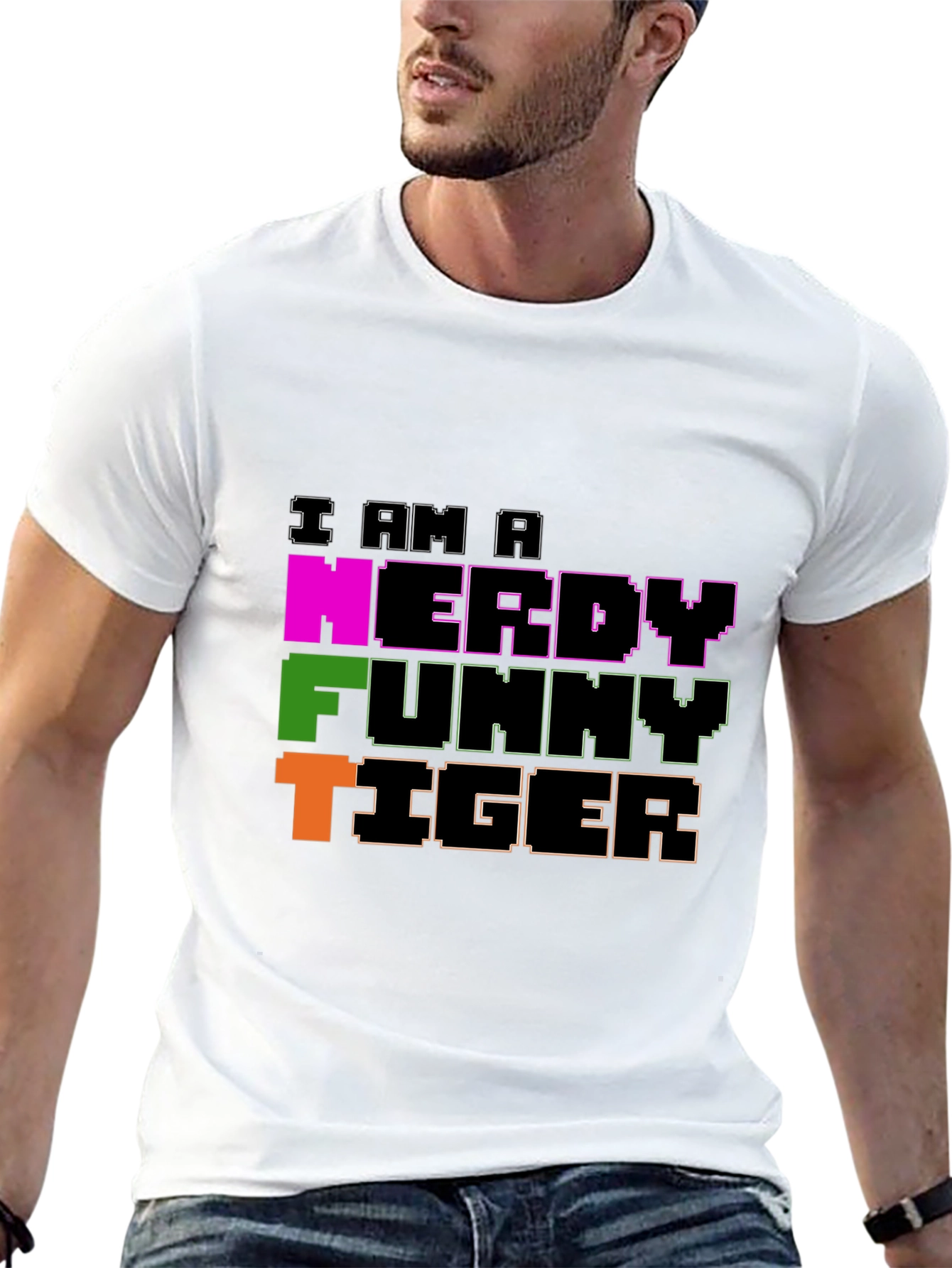 Black Nerdy Funny Tiger Graphic Tee - Black Crew Neck view 13
