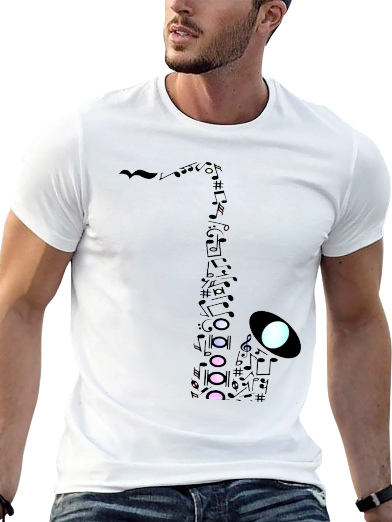 Black Saxophone Music Note Graphic Tee - Black Cotton Casual view 13