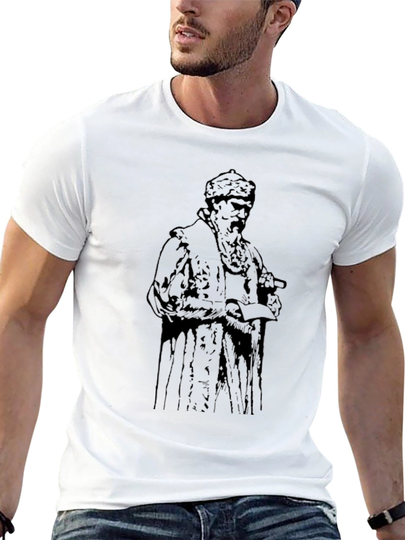 Black Men's Black T-shirt with Vintage Figure Print view 13