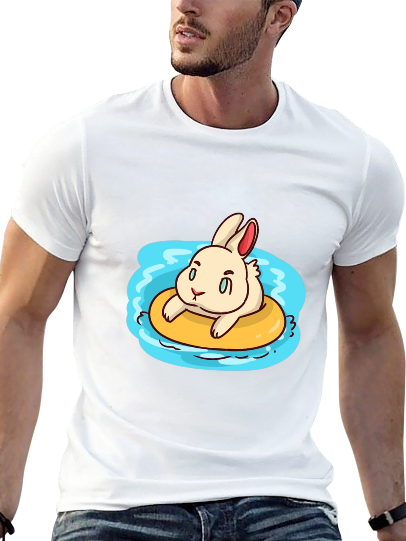 Black Cartoon Bunny on Float Black T-Shirt view 13