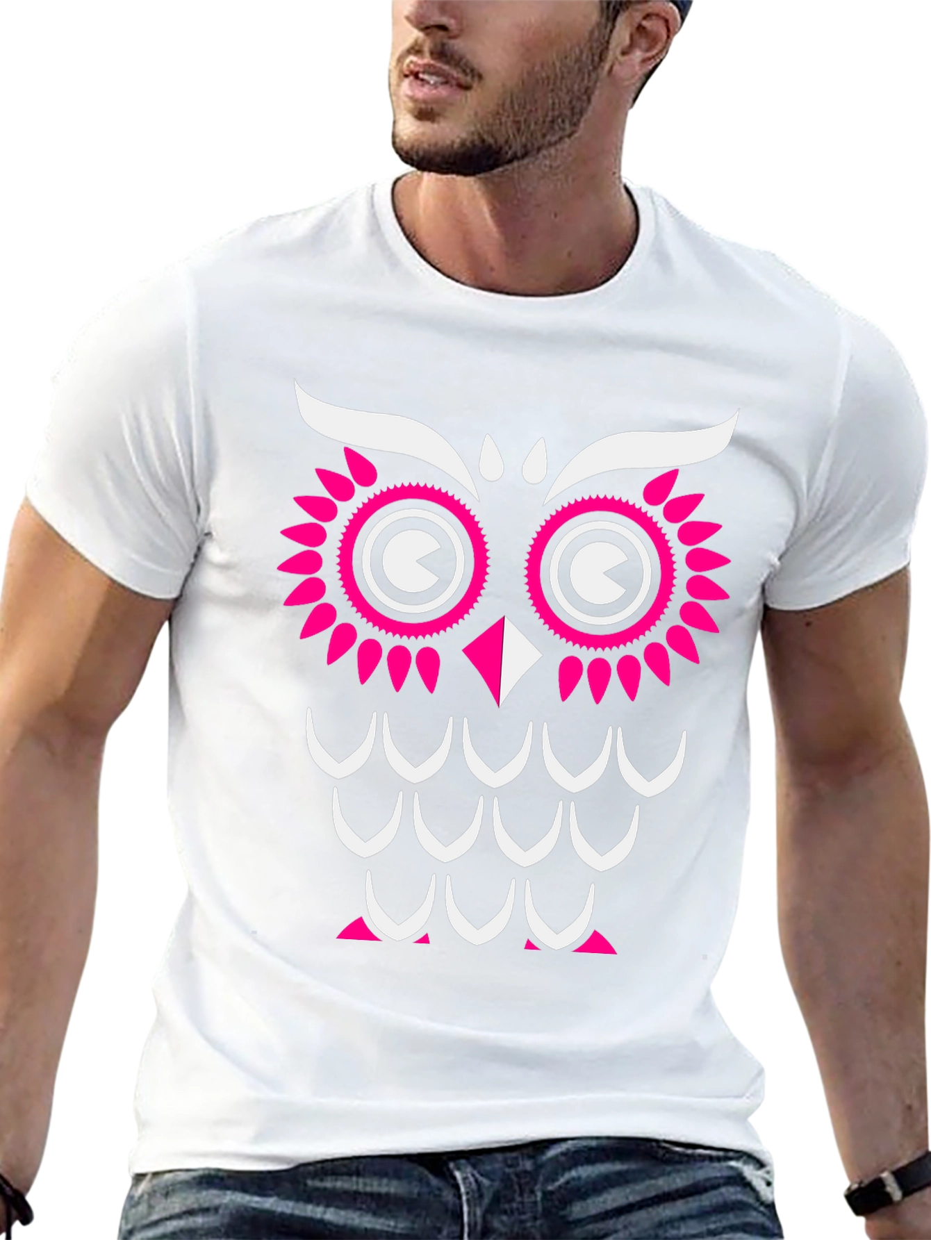 Black Owl Graphic Print T-Shirt - Black with Pink & White Design view 13