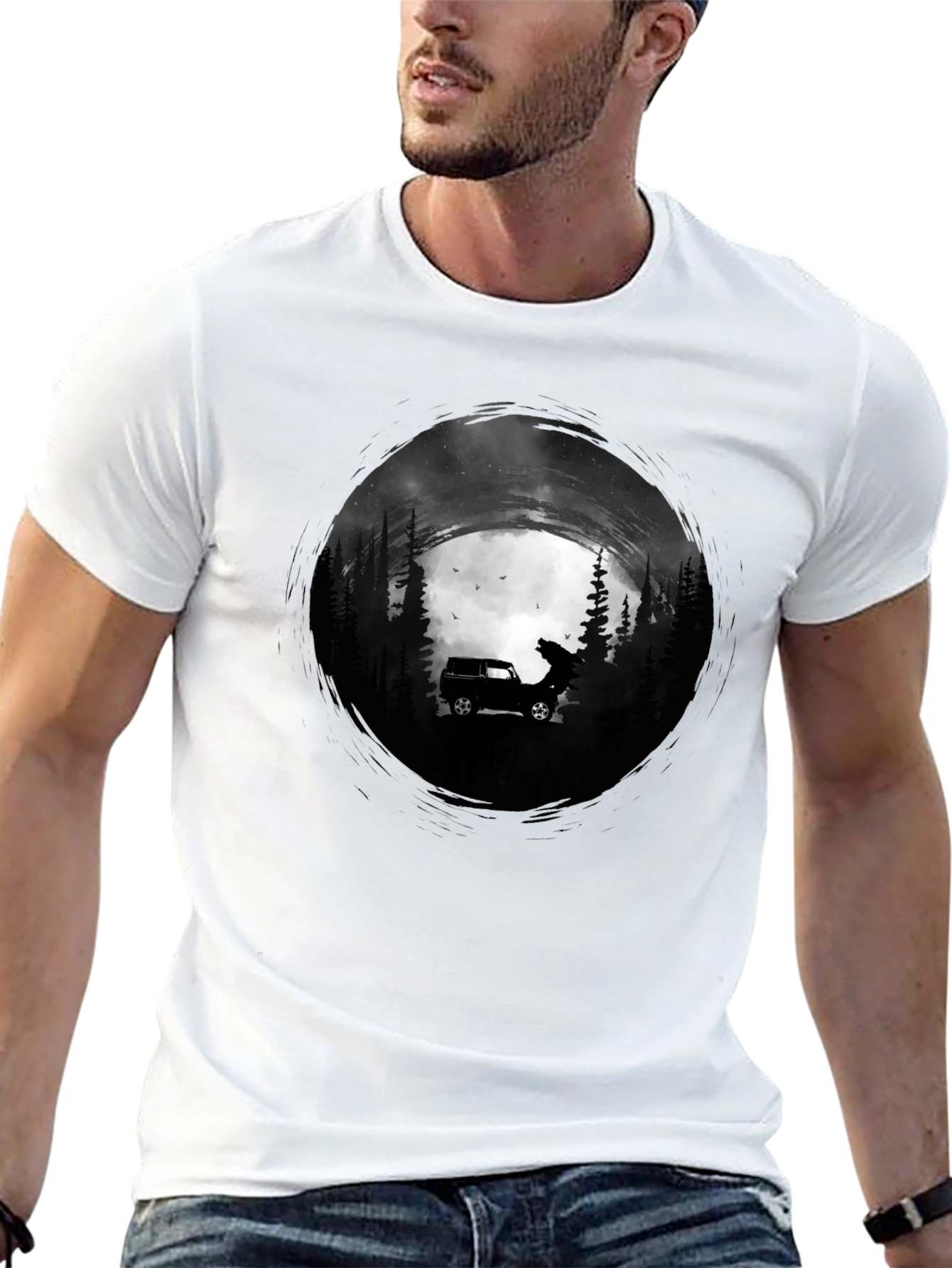 Black Men's Black T-Shirt with Car and Wolf Design view 13