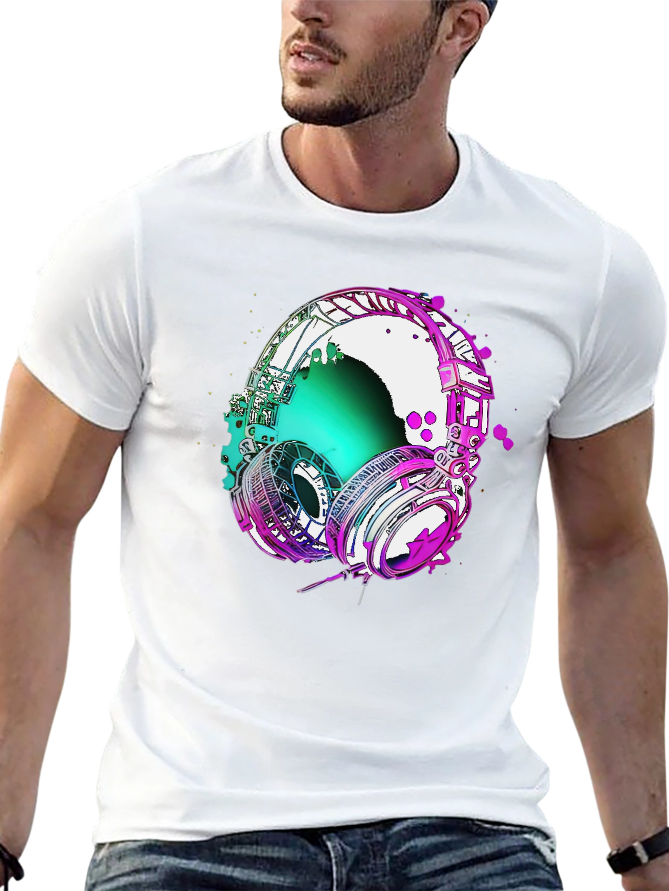 Black Vivid Headphones Graphic Tee - Music Lover's T-Shirt view 13