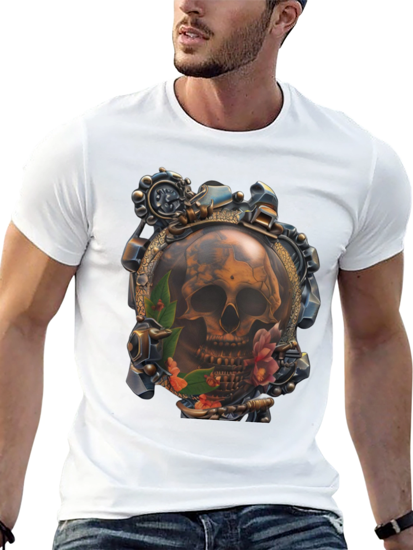 Black Steampunk Skull Graphic T-Shirt view 13