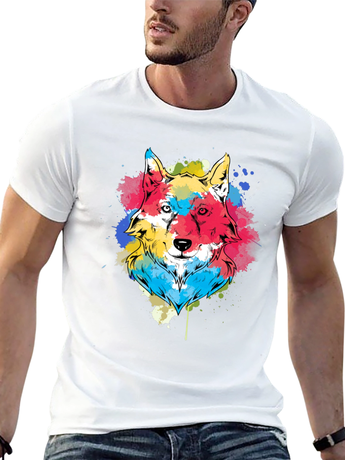 Black Colorful Wolf Graphic Tee - Black Cotton Blend view 13