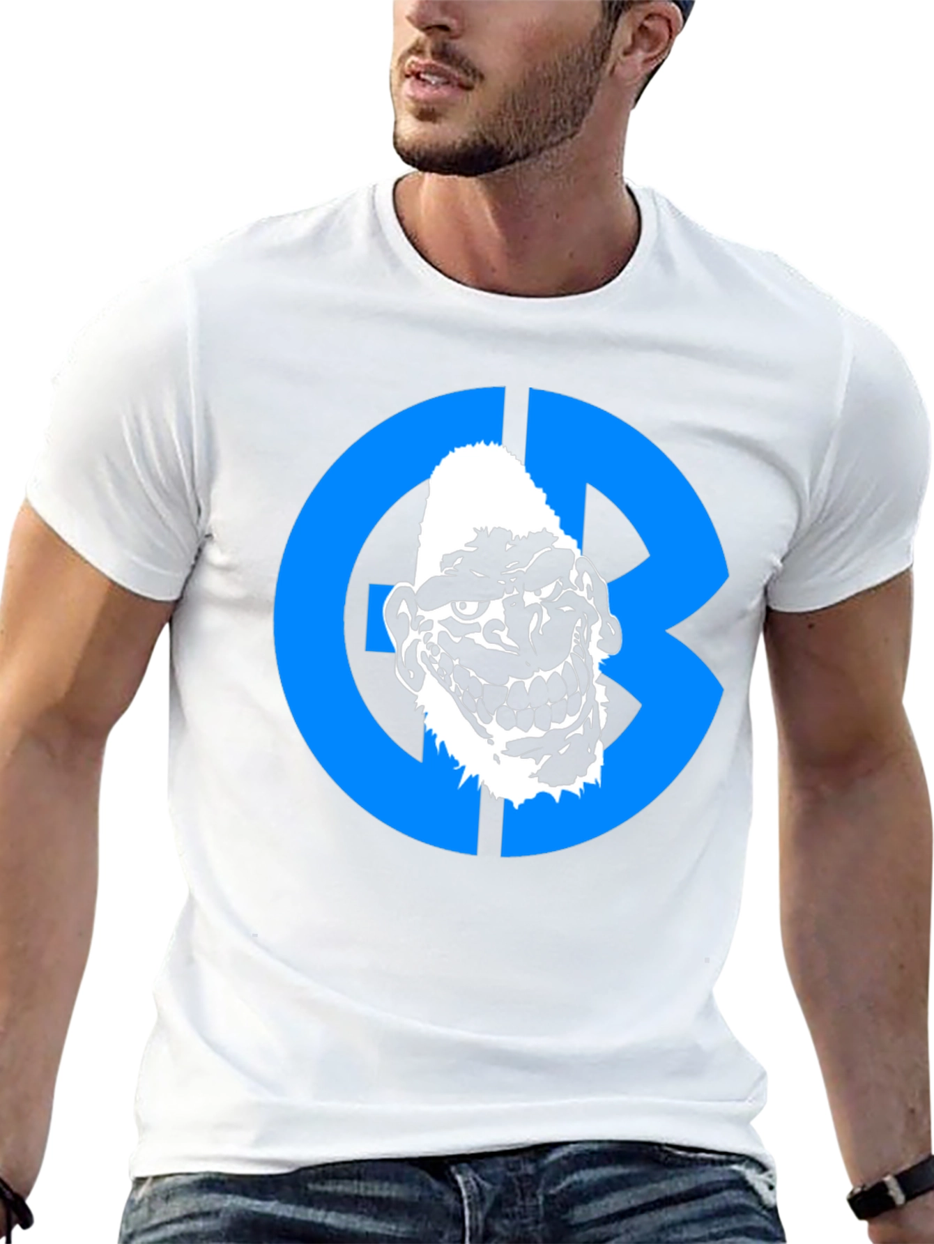 Black Graphic Tee: Grotesque Face in Blue Circle view 13