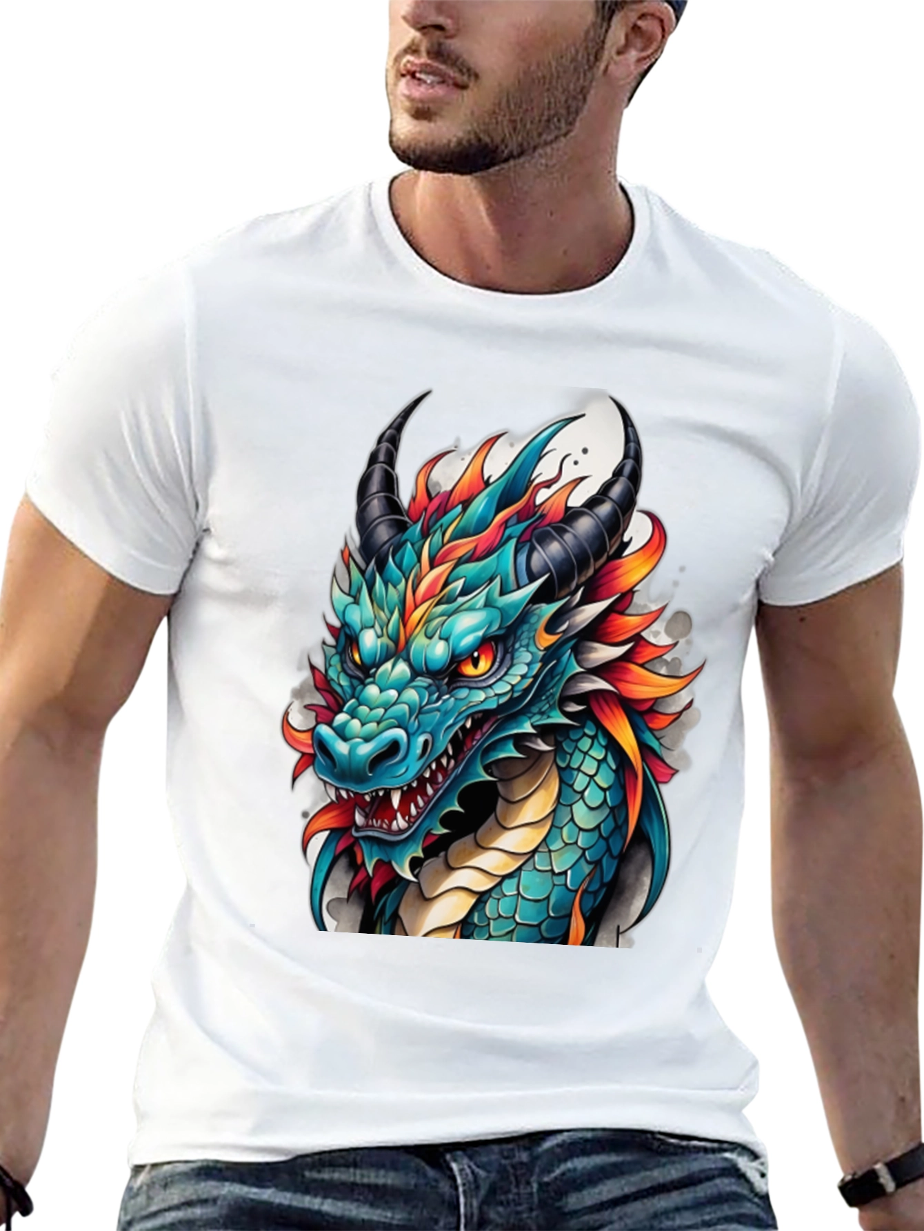 Black Dragon T-Shirt - Teal & Orange Graphic Tee view 13