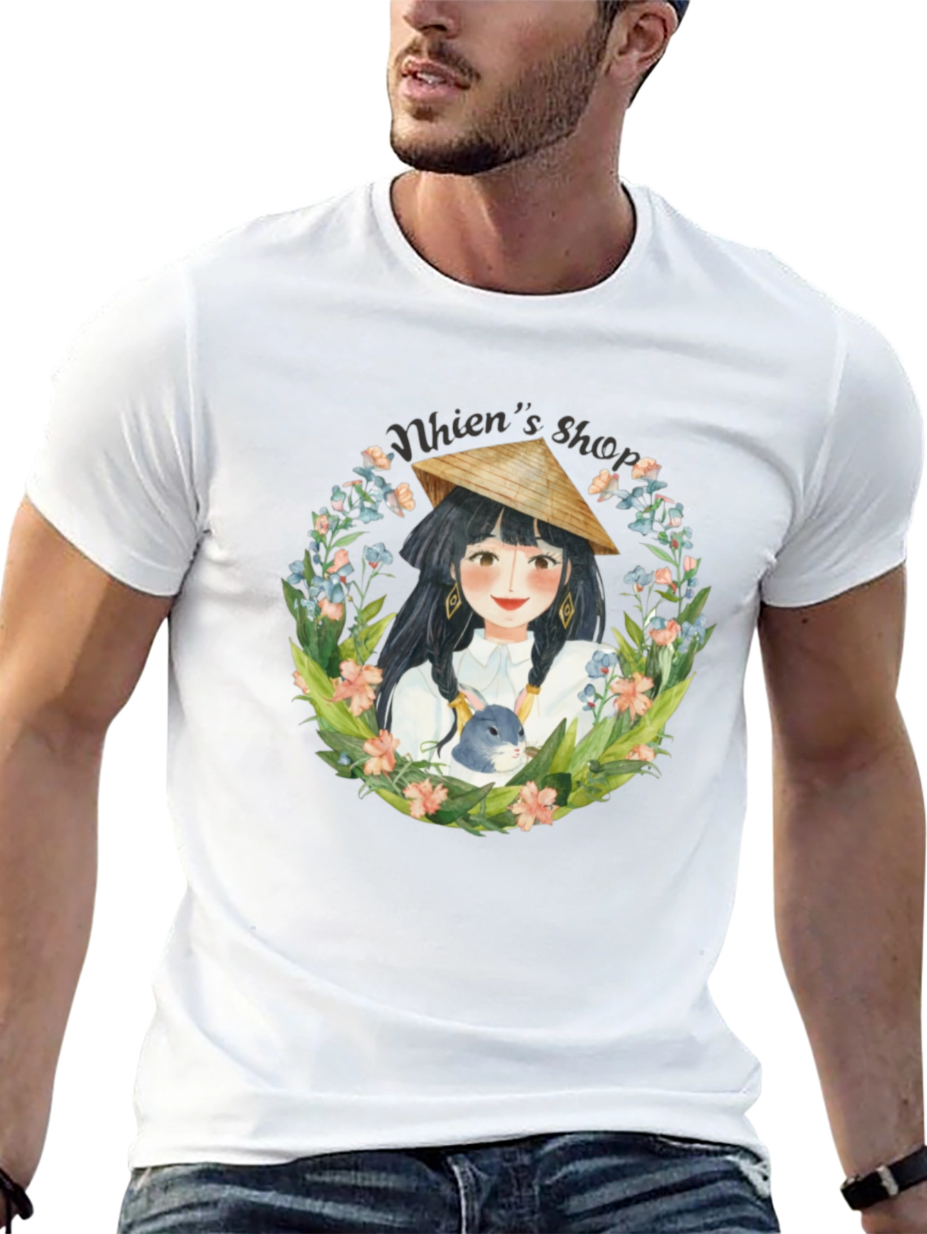 Black Whimsical Girl with Rabbit Black T-Shirt view 13