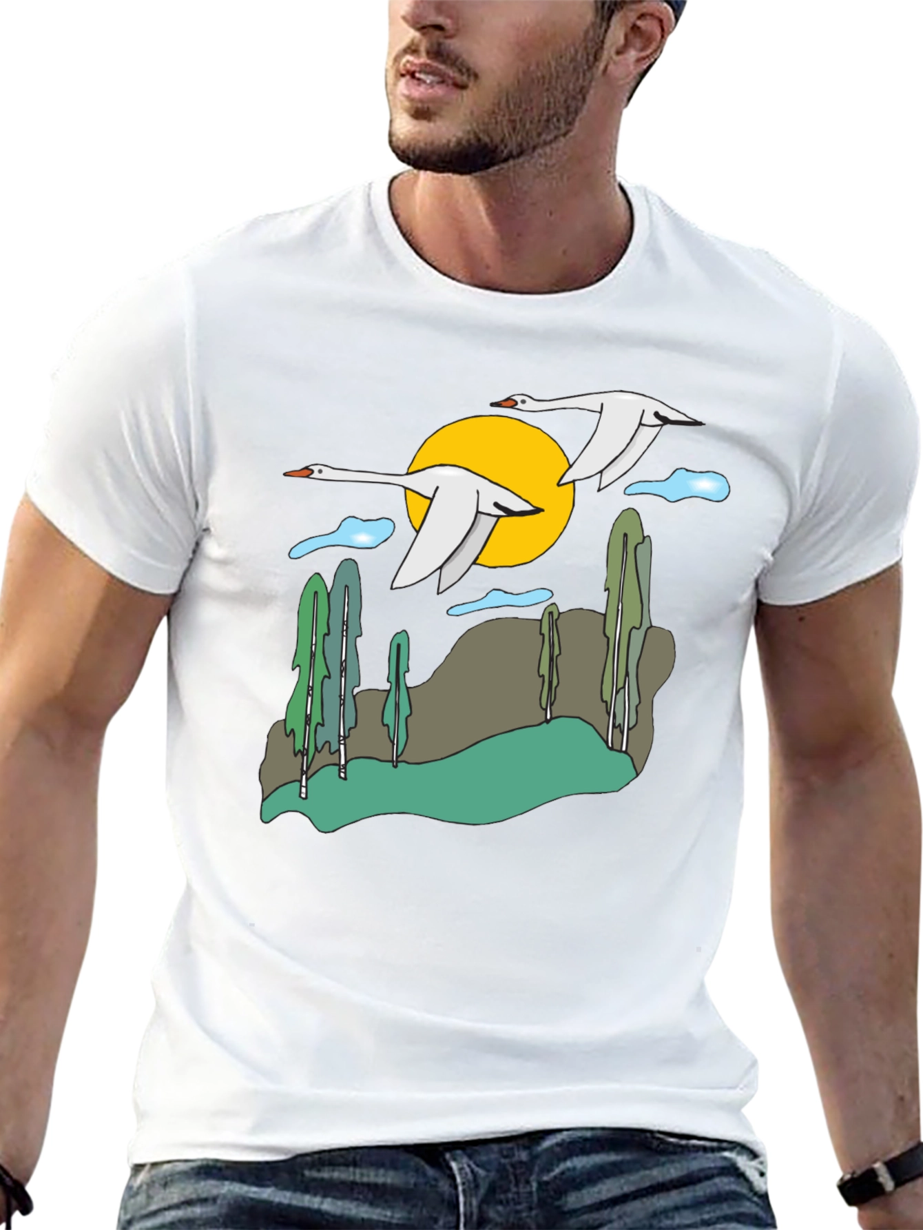 Black Nature Swans Graphic T-Shirt - Black Cotton Blend view 13