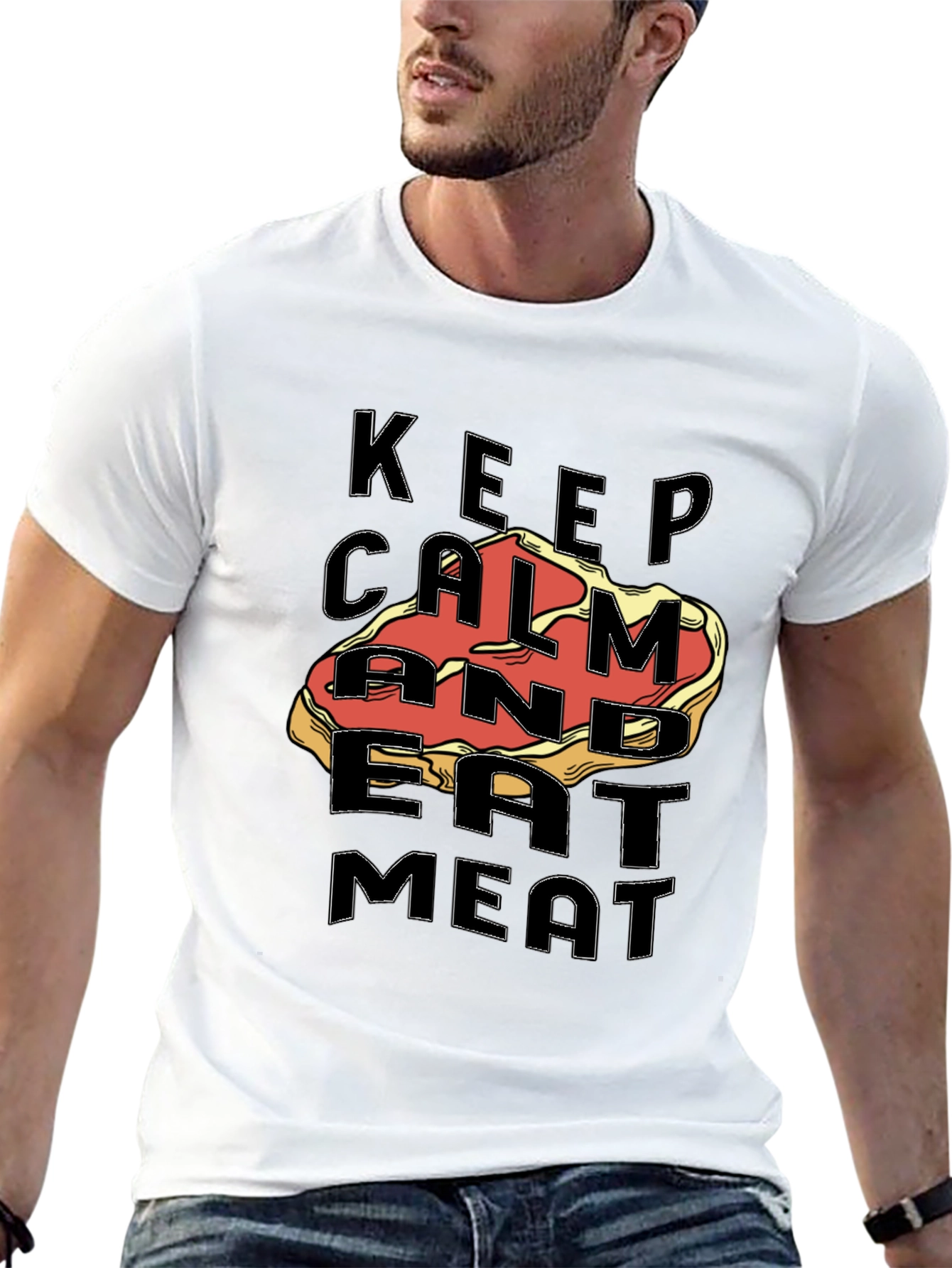 Black Keep Calm & Eat Meat Graphic Tee - Premium Black T-Shirt view 13