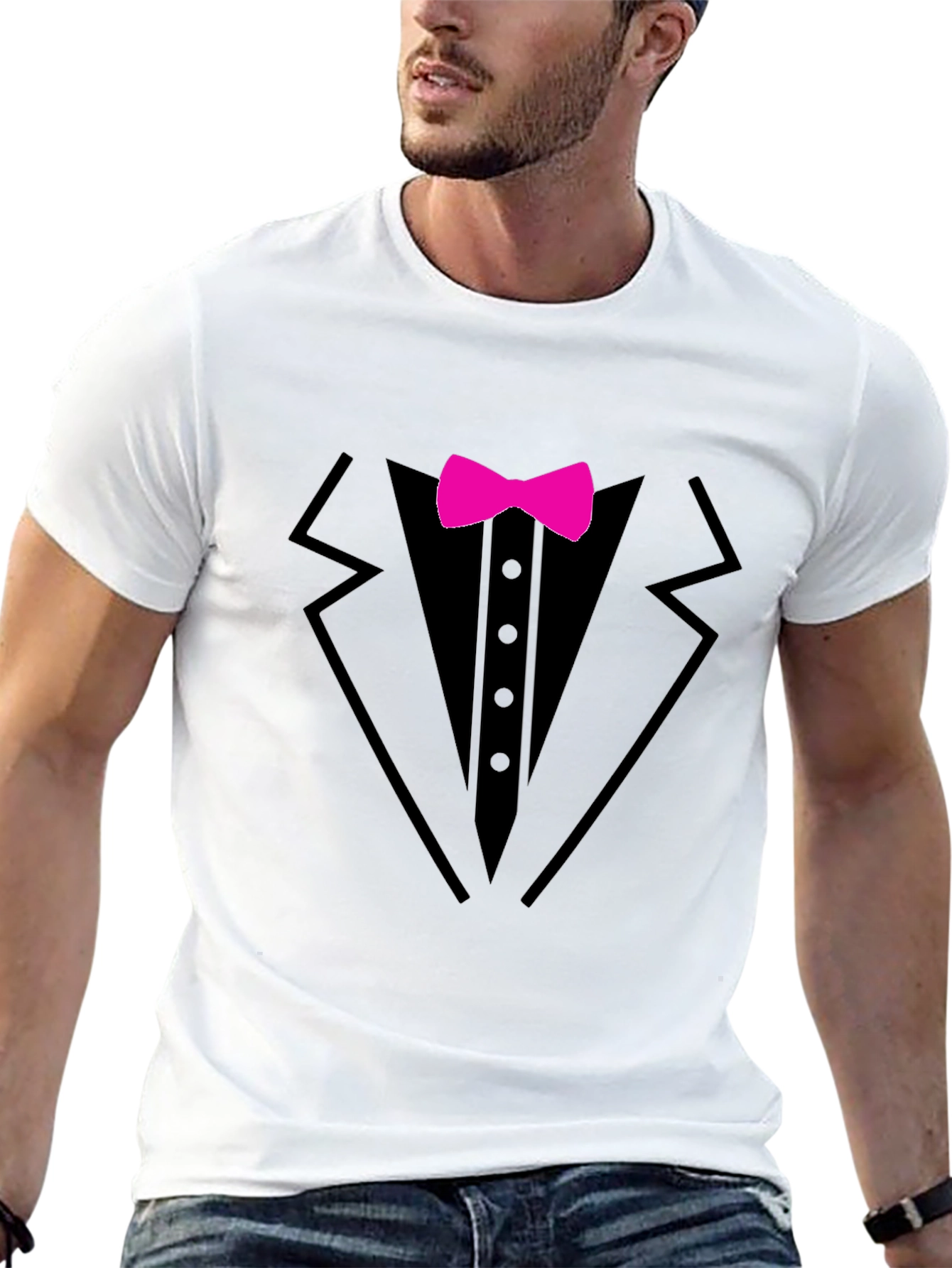 Black Tuxedo T-Shirt with Pink Bow Tie - Fun Formal Wear view 13