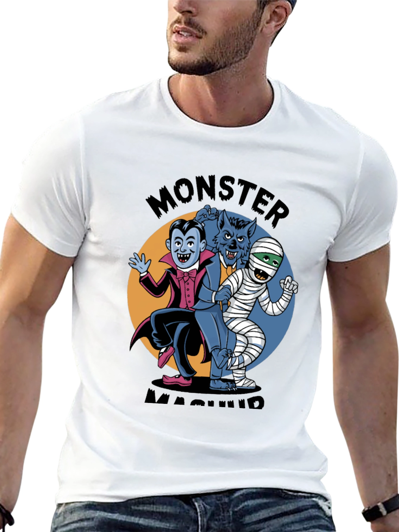 Black Monster Mash T-Shirt: Classic Horror Character Design view 13