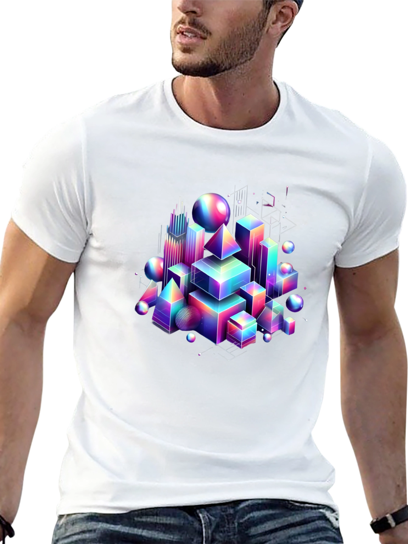 Black Geometric Rainbow T-Shirt - Modern Art Tee view 13