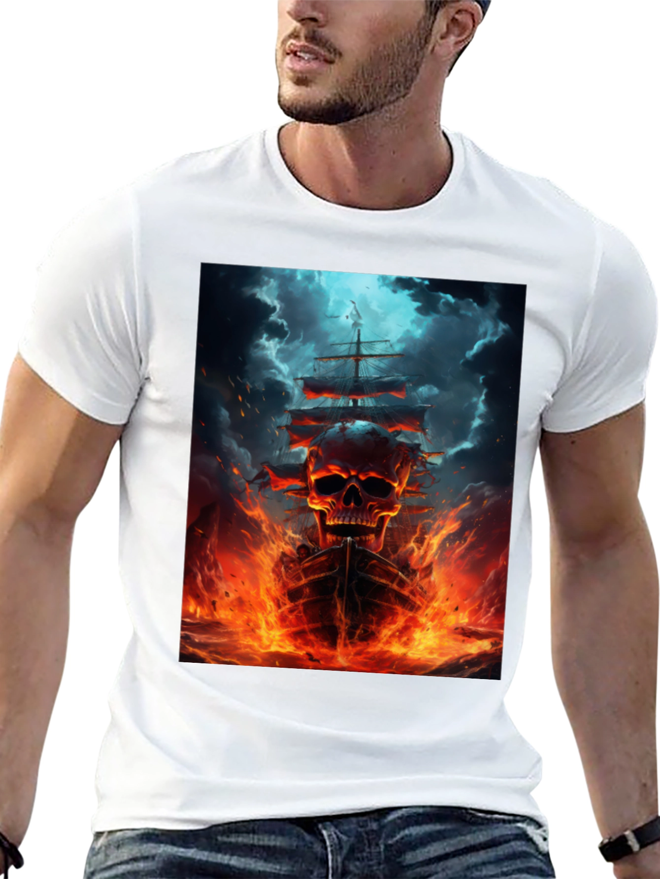 Black Skull Ship Graphic Black T-Shirt view 13