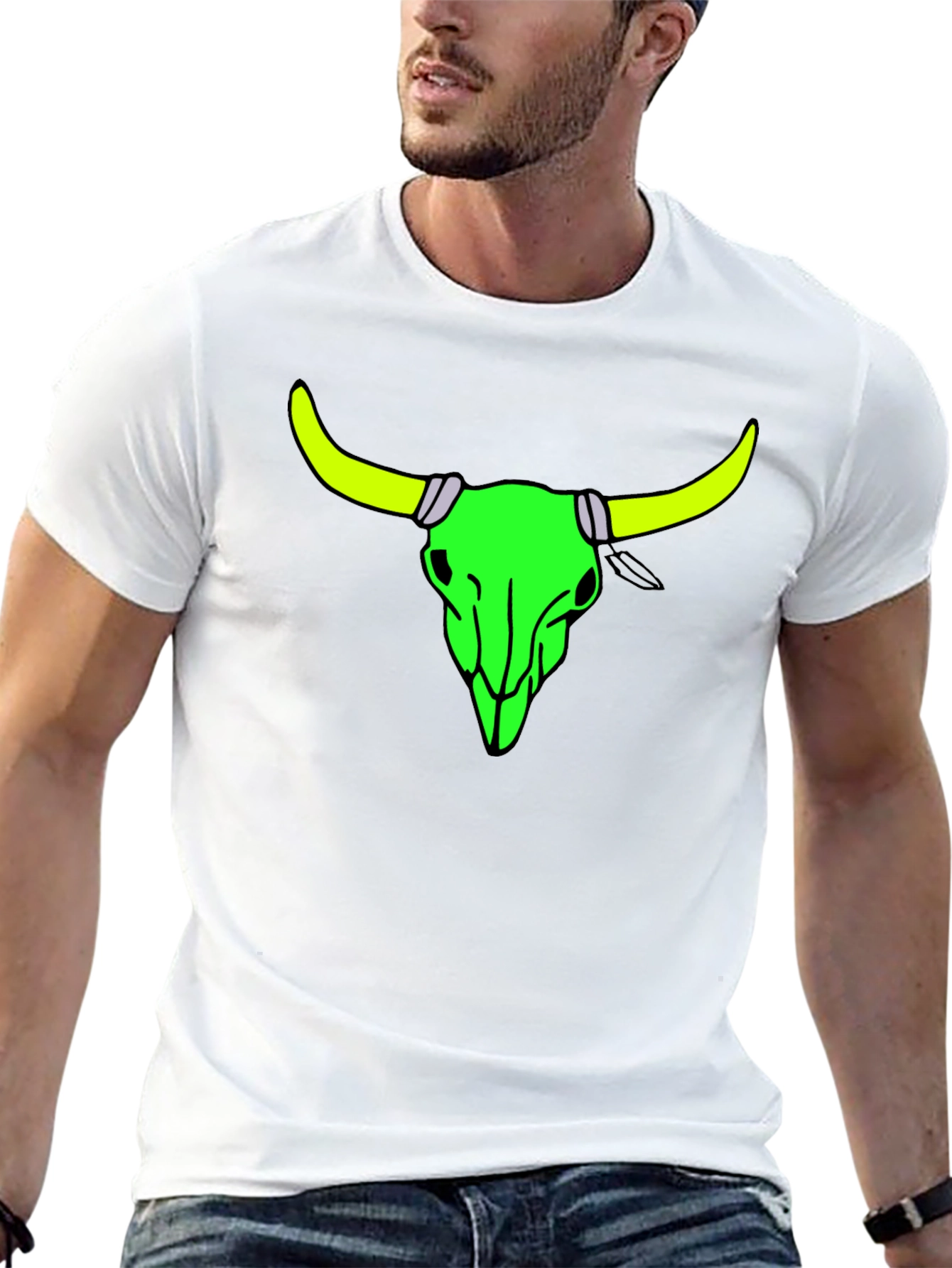 Black Neon Bull Skull Graphic Tee - Bold Black Cotton Shirt view 13