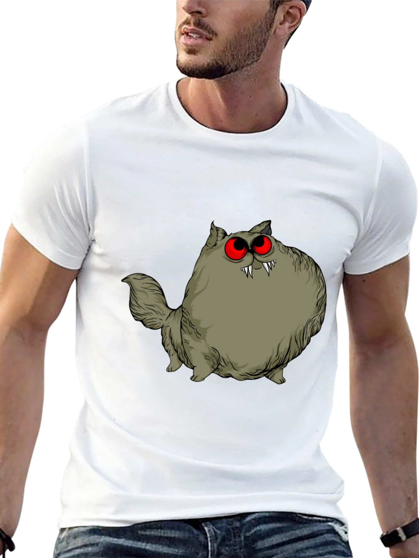 Black Creepy Cat Graphic Tee - Red Eyes, Fangs, Unique view 13