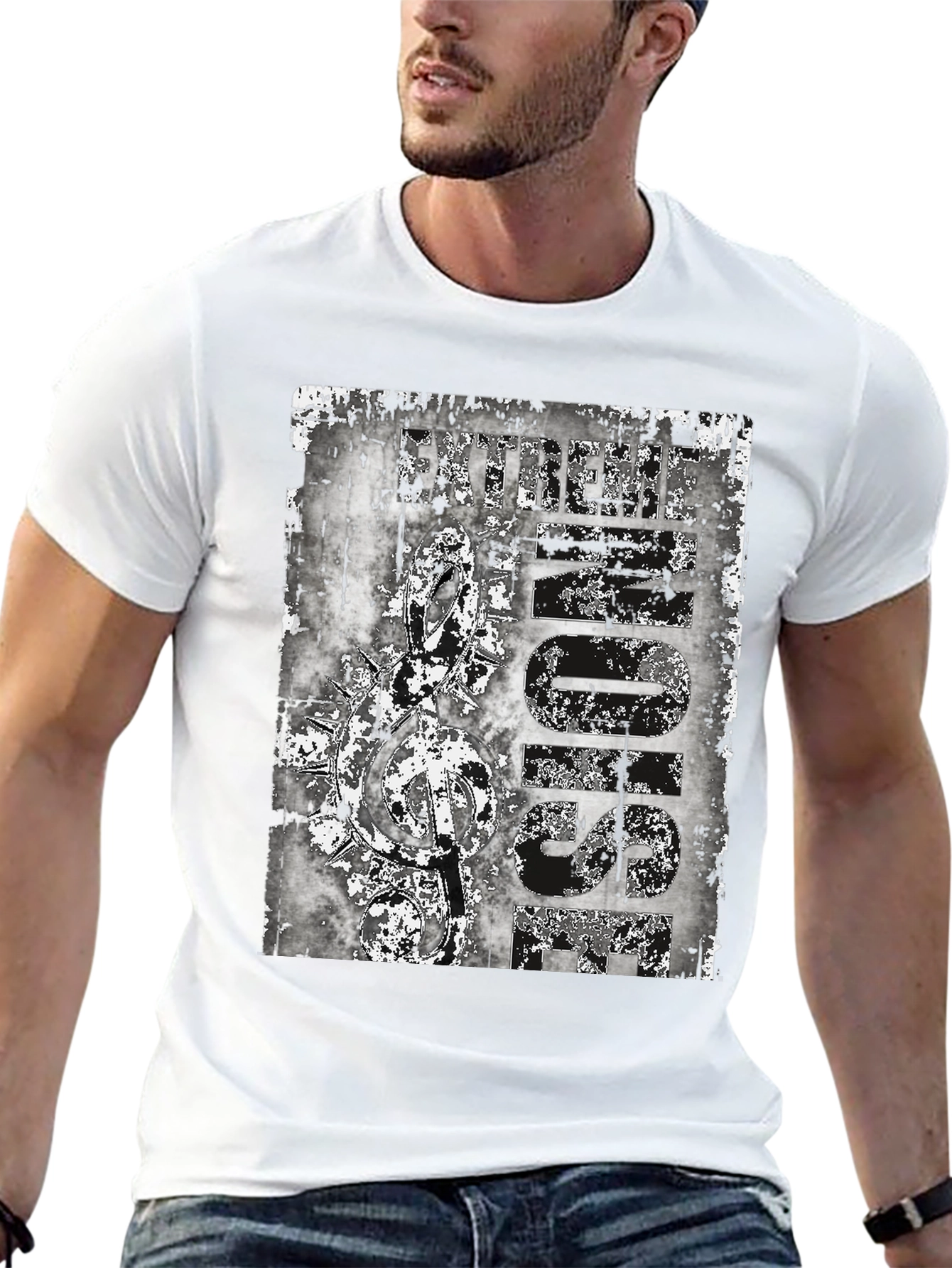 Edgy Black T-Shirt with Grunge Music Icon Design - 13