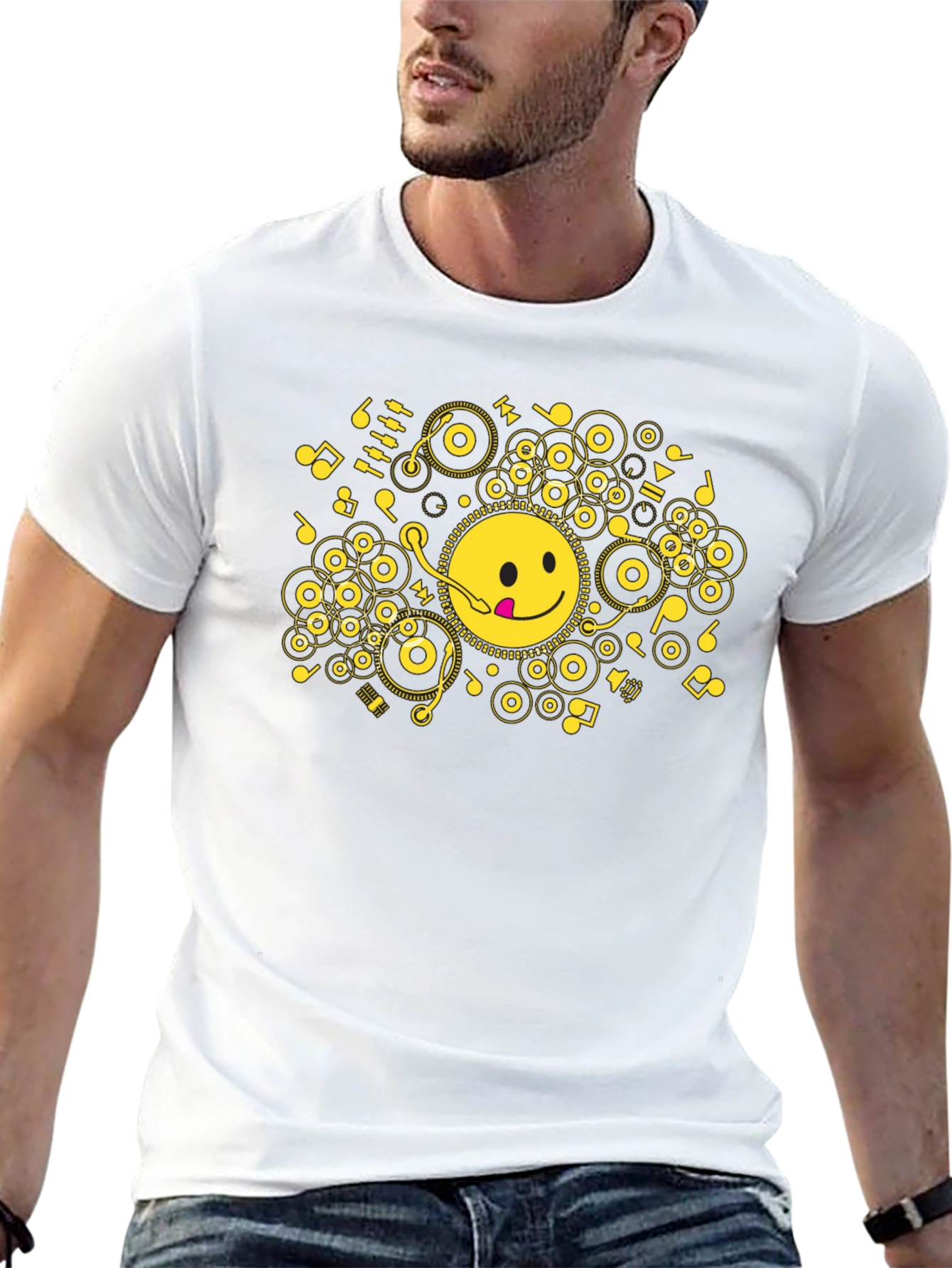 Black Smiley Face Music T-Shirt - Black Cotton Blend Tee view 13