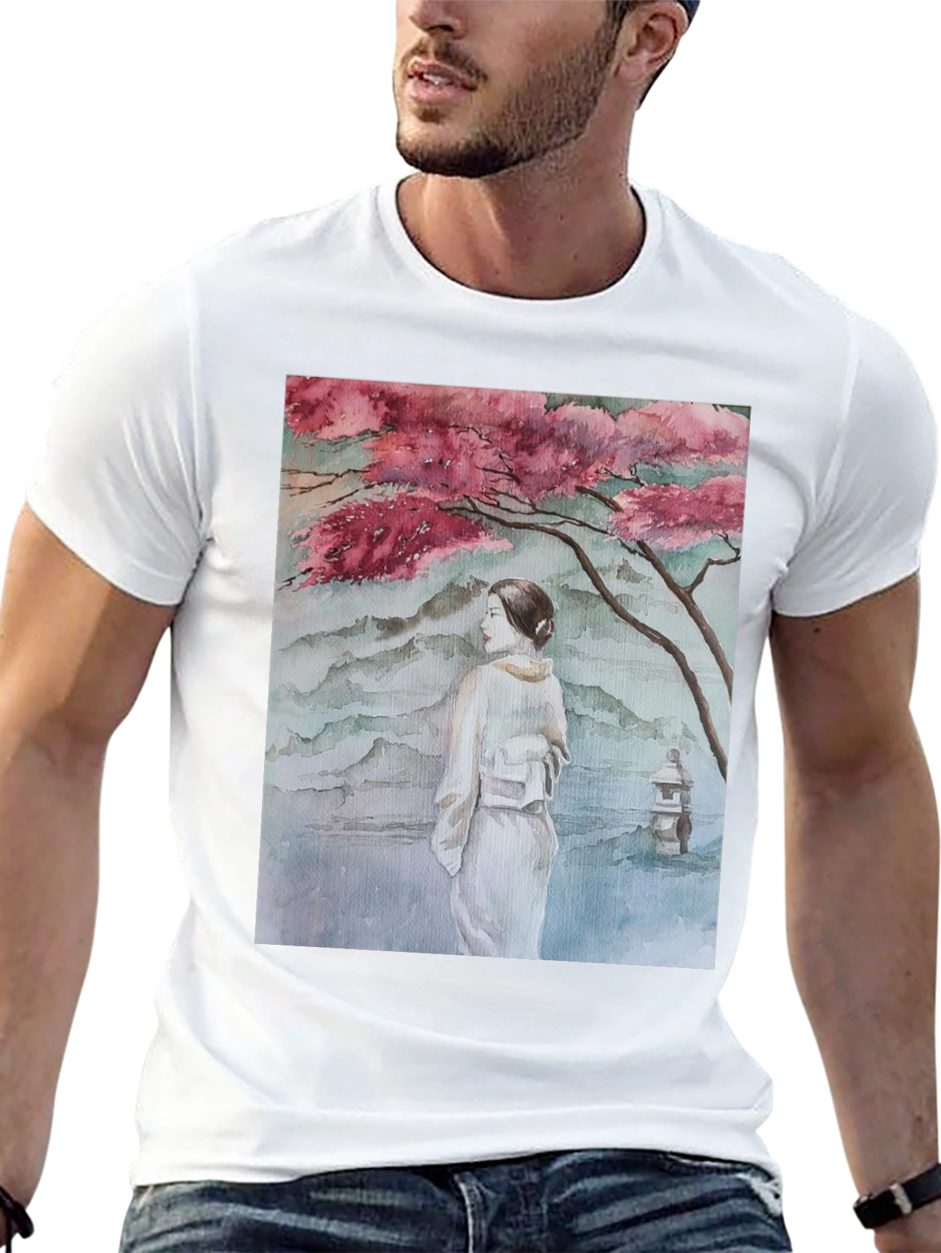 Black Watercolor Japanese Art Black T-Shirt view 13