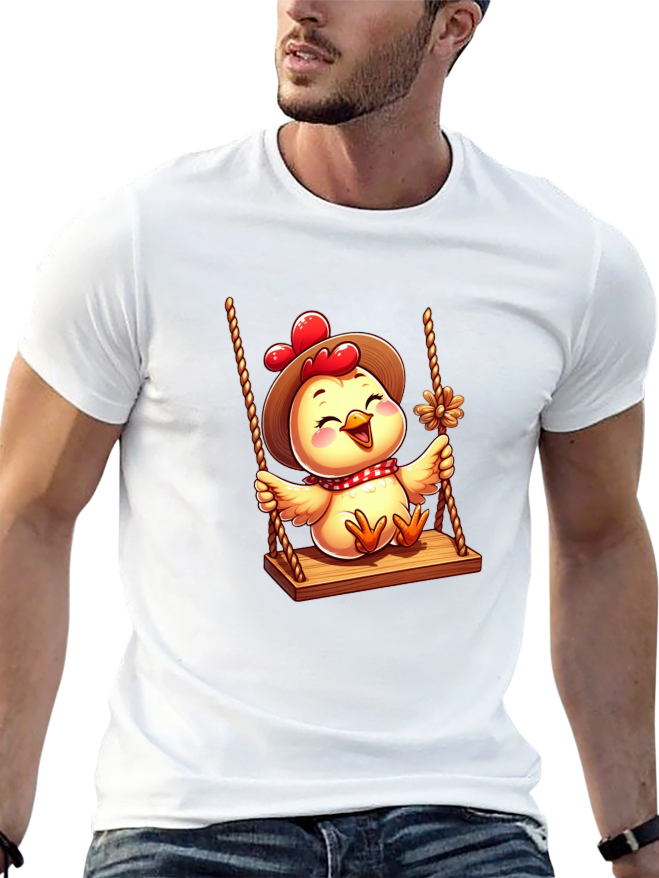 Black Cute Chicken on Swing Graphic Tee view 13