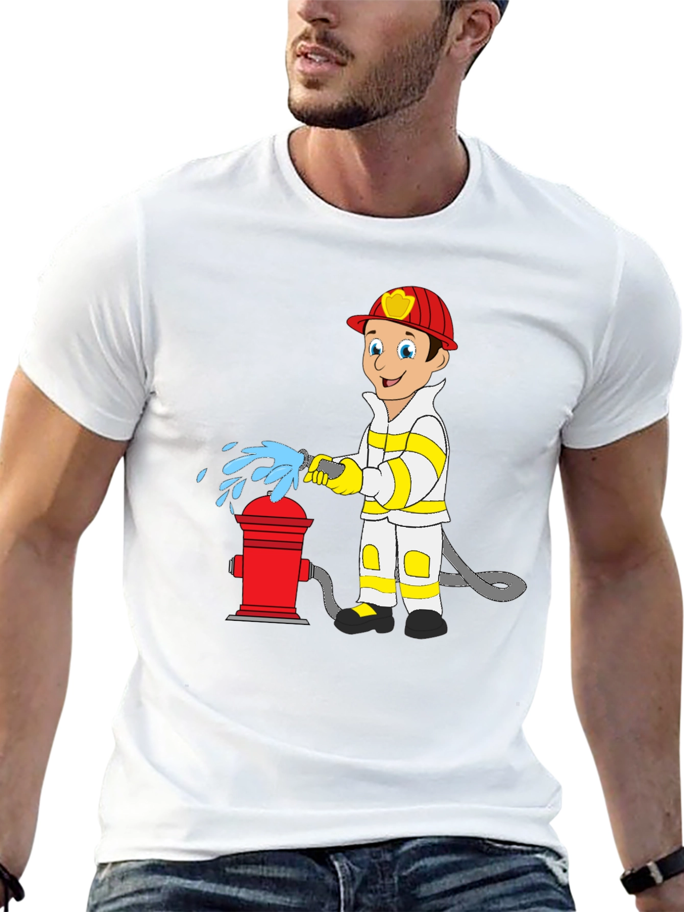 Black Cartoon Fireman T-Shirt - Fire Hydrant Fun! view 13
