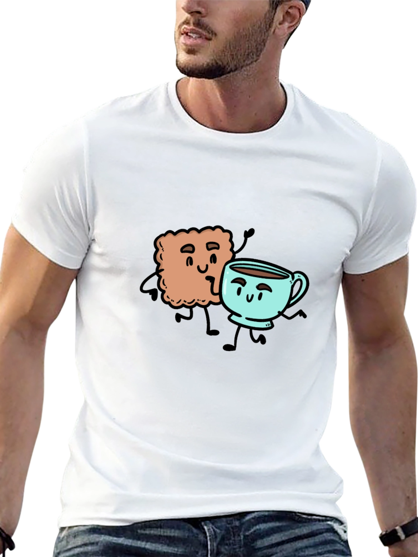 Black Coffee & Biscuit Cartoon Graphic Black T-Shirt view 13