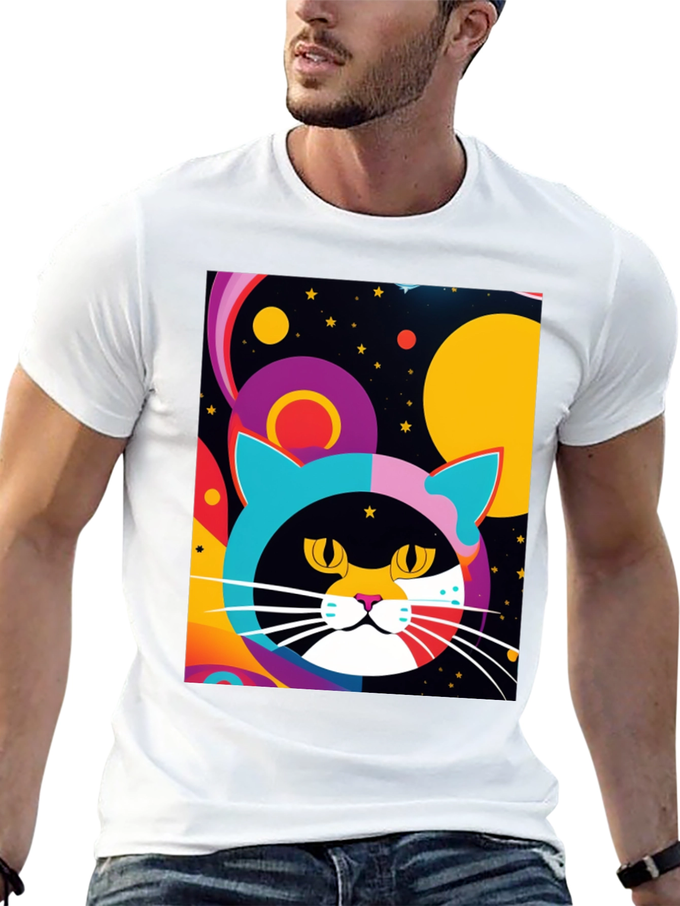 Black Psychedelic Cat T-Shirt - Colorful Retro Design view 13