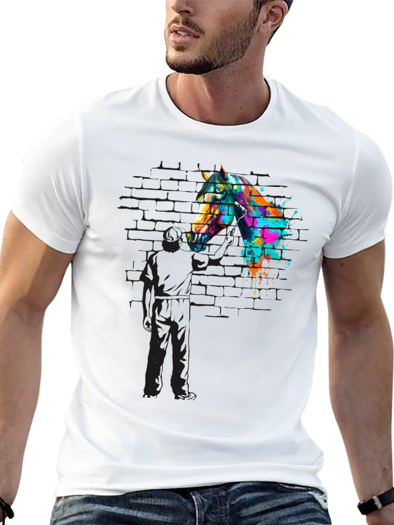 Black Abstract Horse Graphic Tee - Men's Black T-Shirt view 13