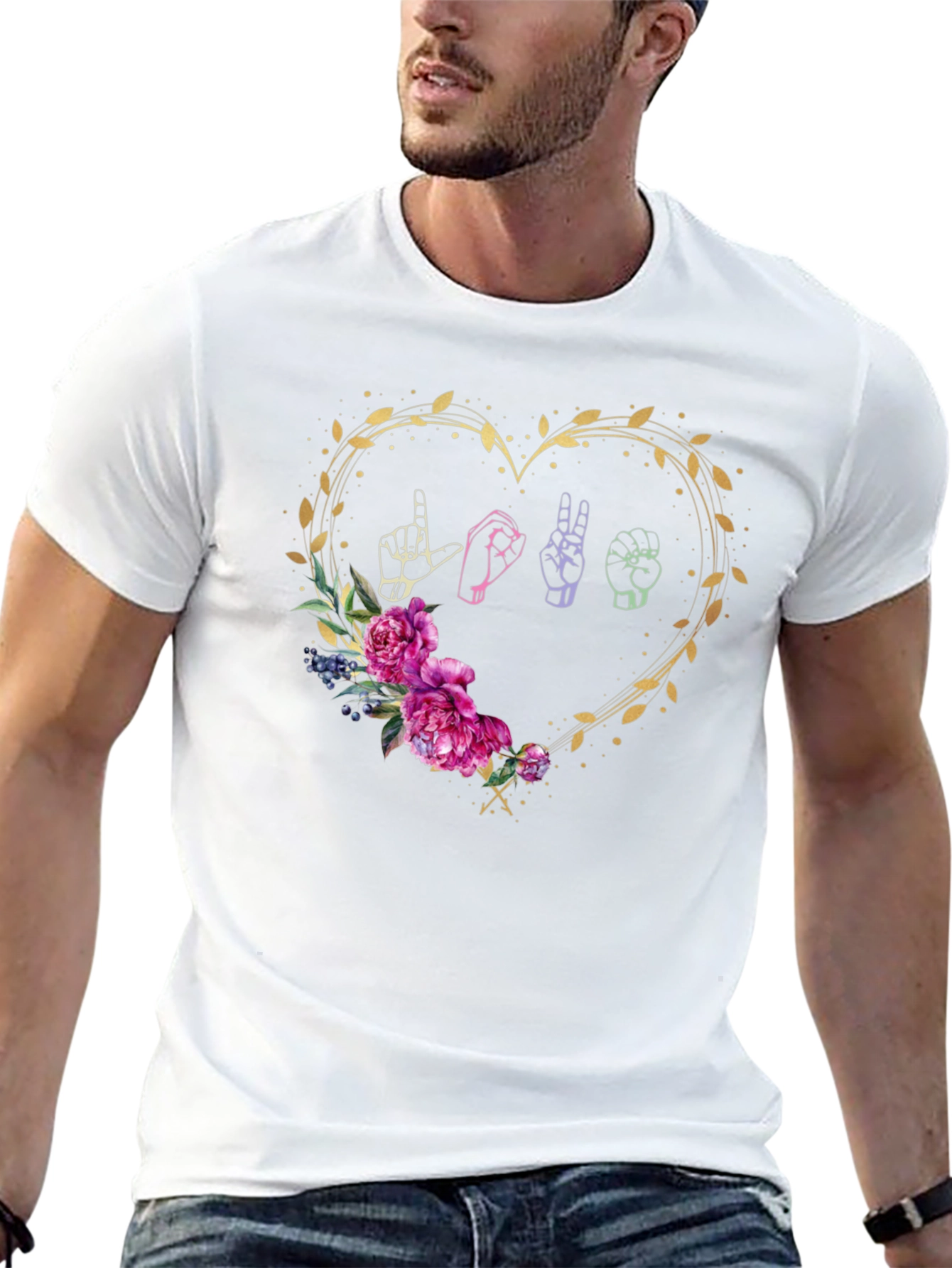 Black Love Sign Language Floral Heart T-Shirt view 13