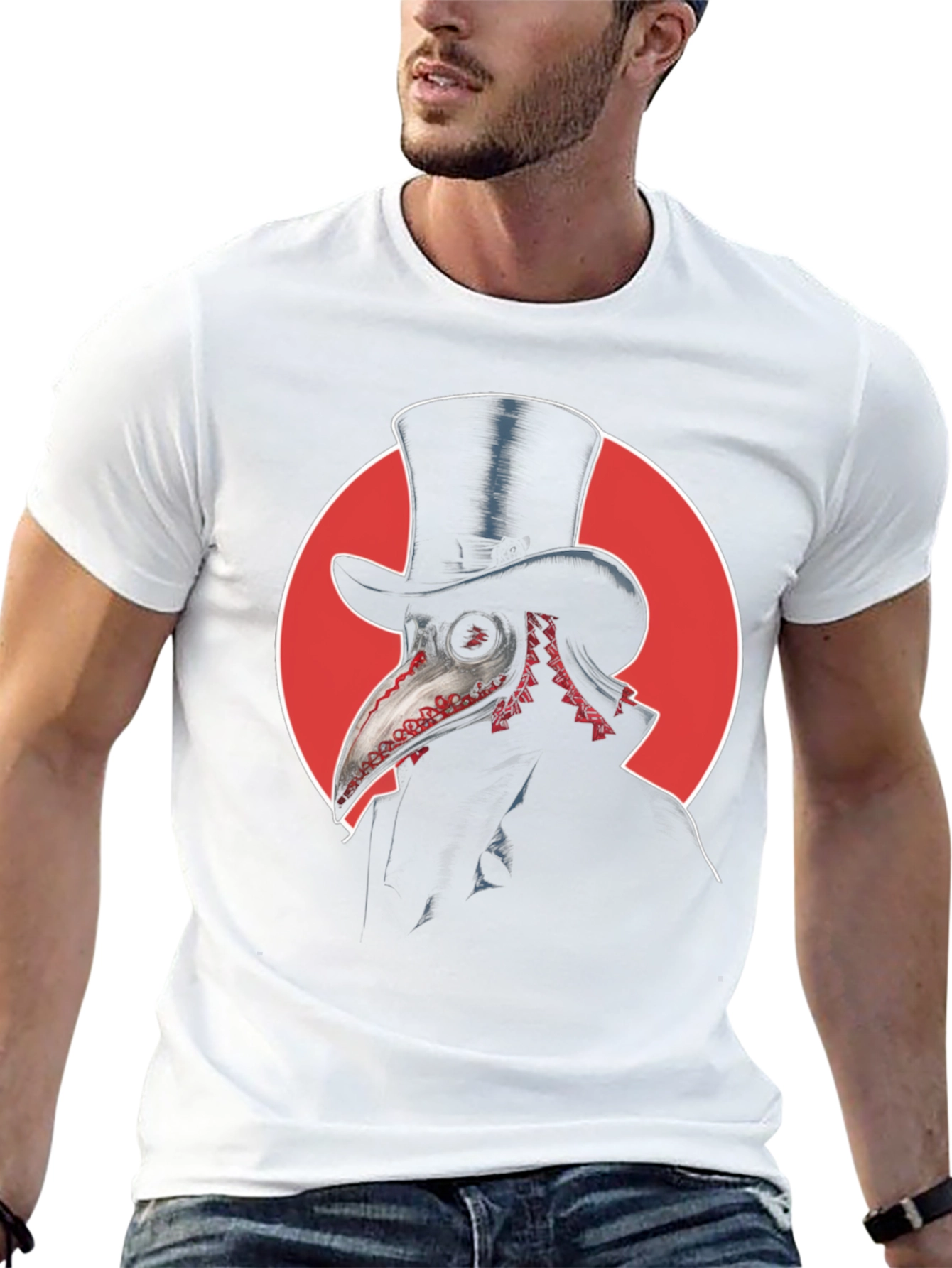 Black Plague Doctor Graphic Tee - Top Hat & Red Circle Design view 13