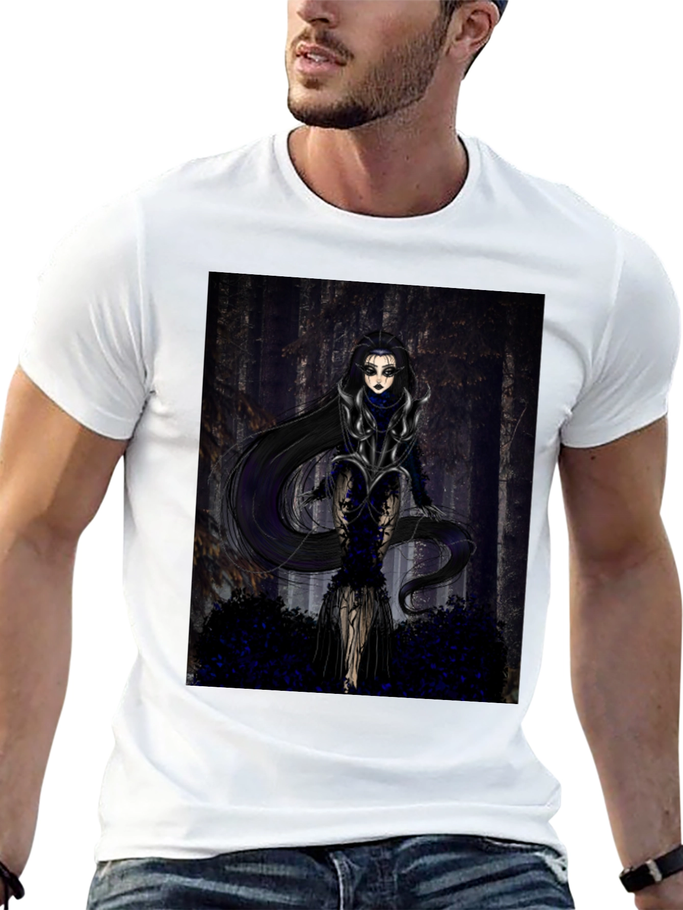 Black Gothic Forest Woman Graphic Print T-Shirt view 13