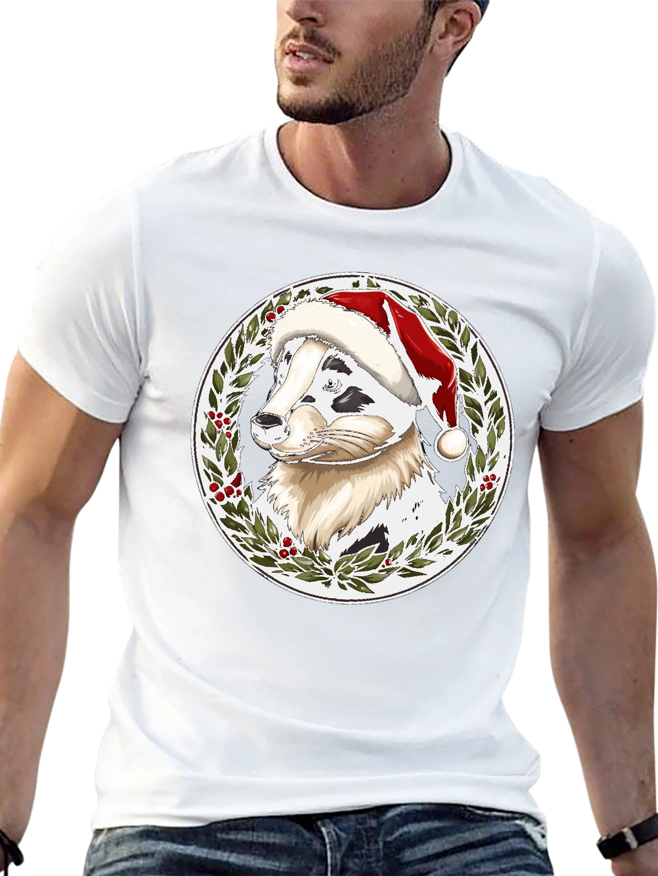 Black Festive Dog Santa Hat T-Shirt view 13
