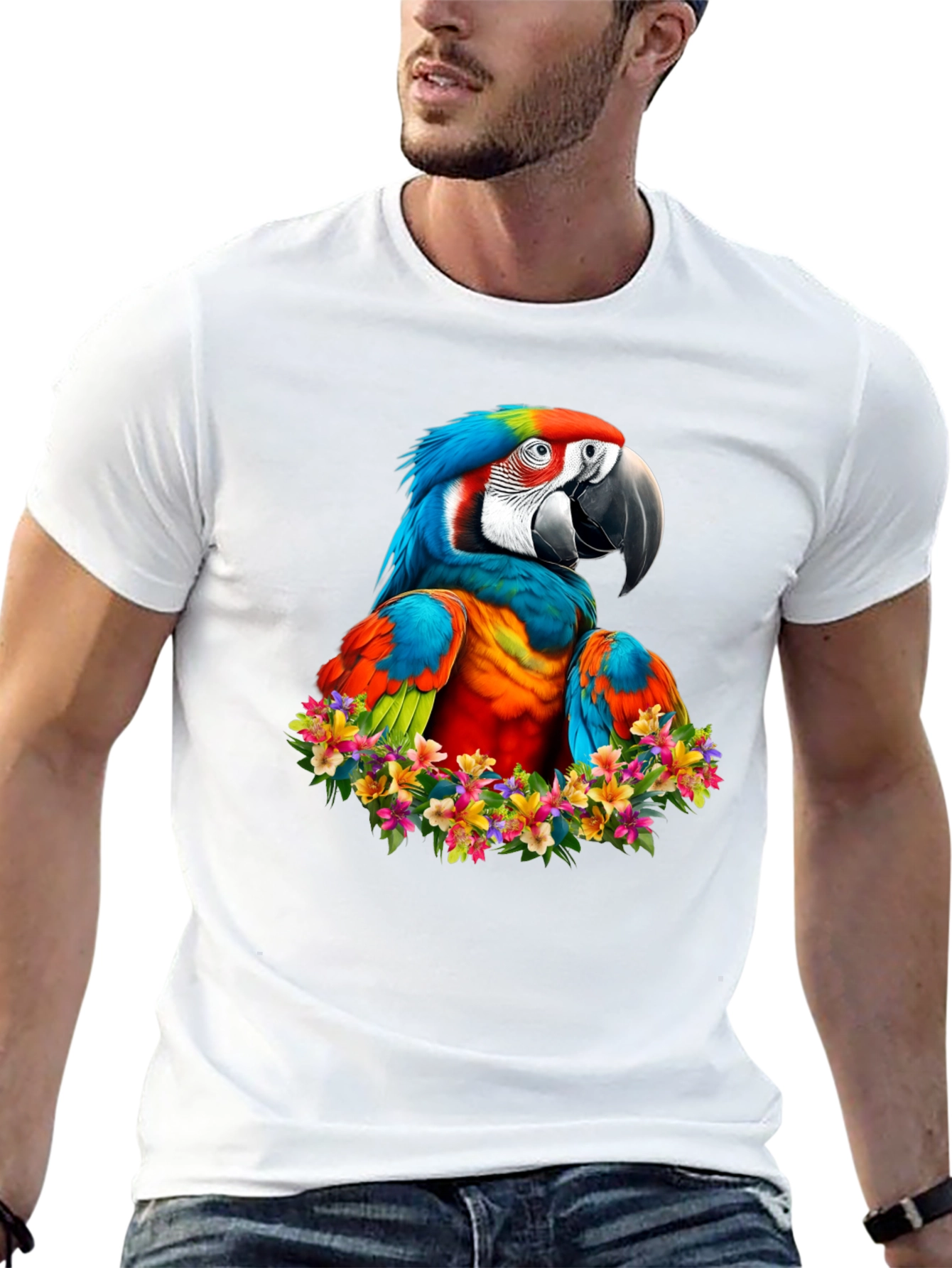 Black Macaw Parrot Floral Wreath Graphic T-Shirt view 13