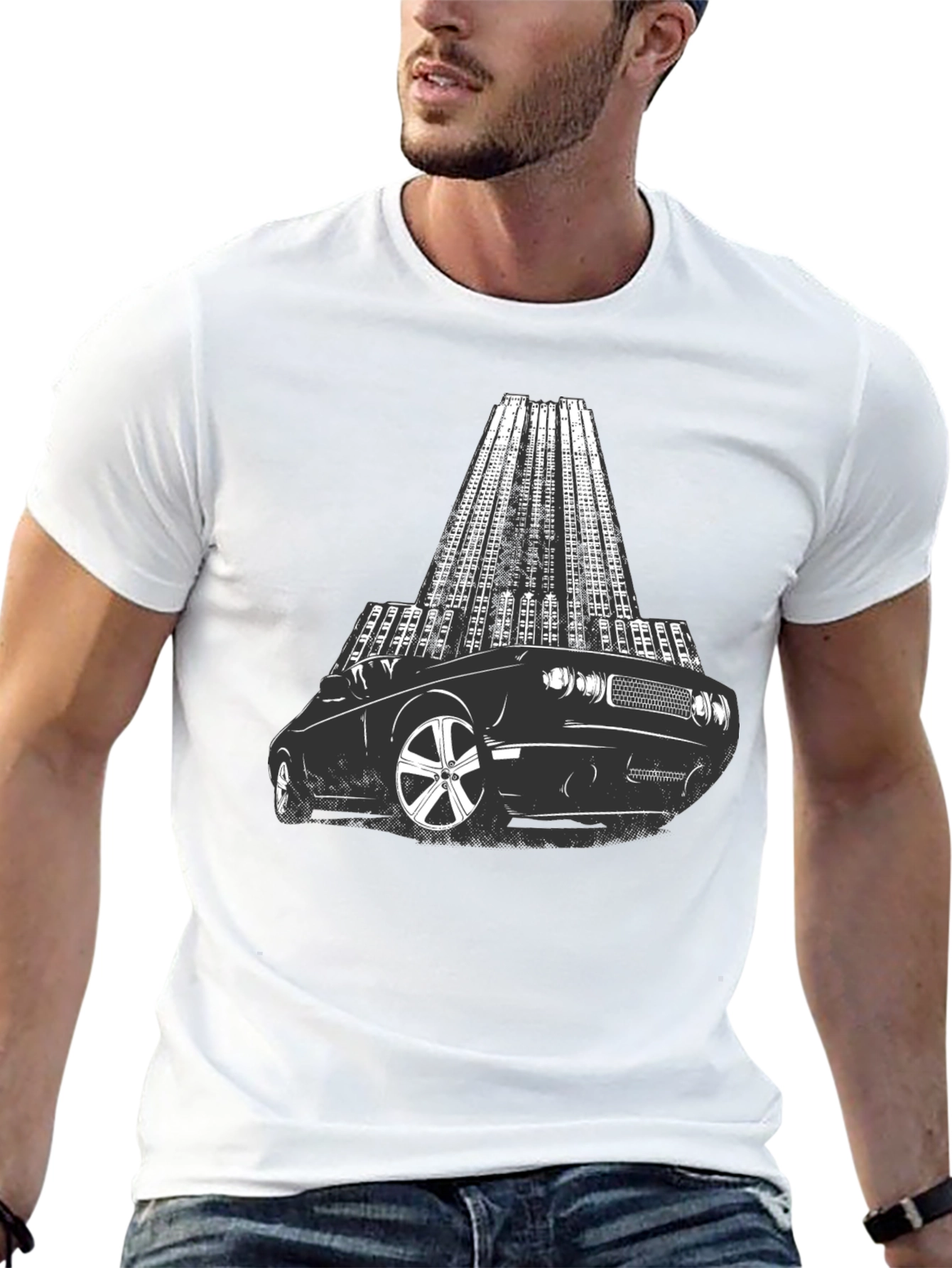 Black Retro Car & Cityscape Graphic Tee - Cool Black T-Shirt view 13