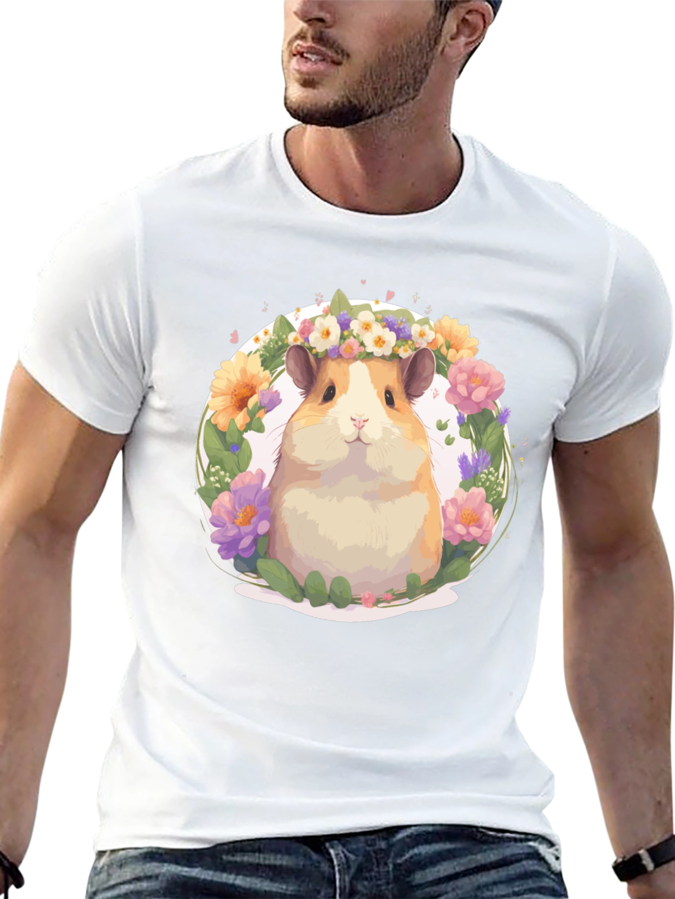 Black Cute Hamster Floral Wreath T-Shirt - Unisex view 13