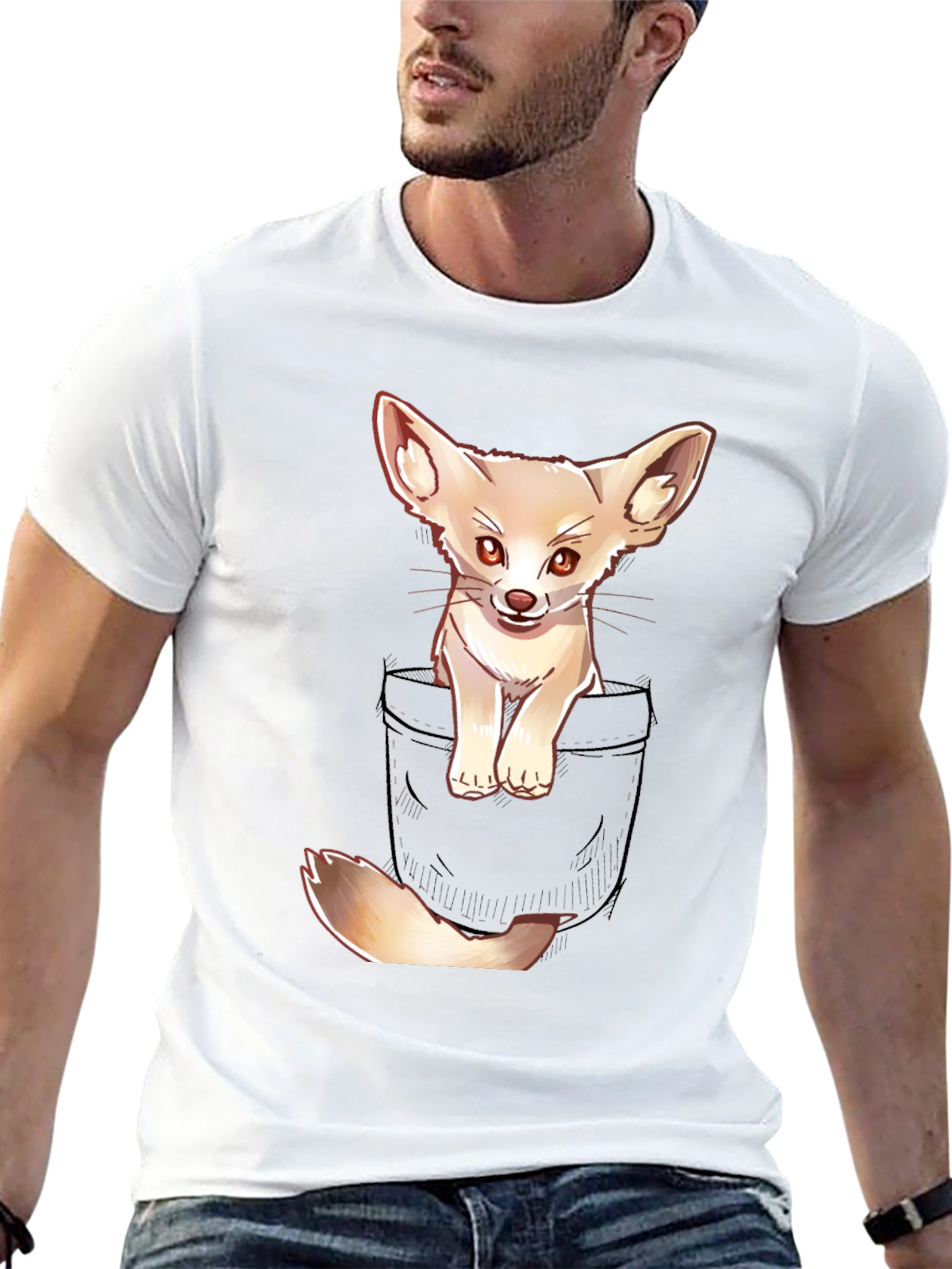 Black Cute Fennec Fox Pocket T-Shirt view 13