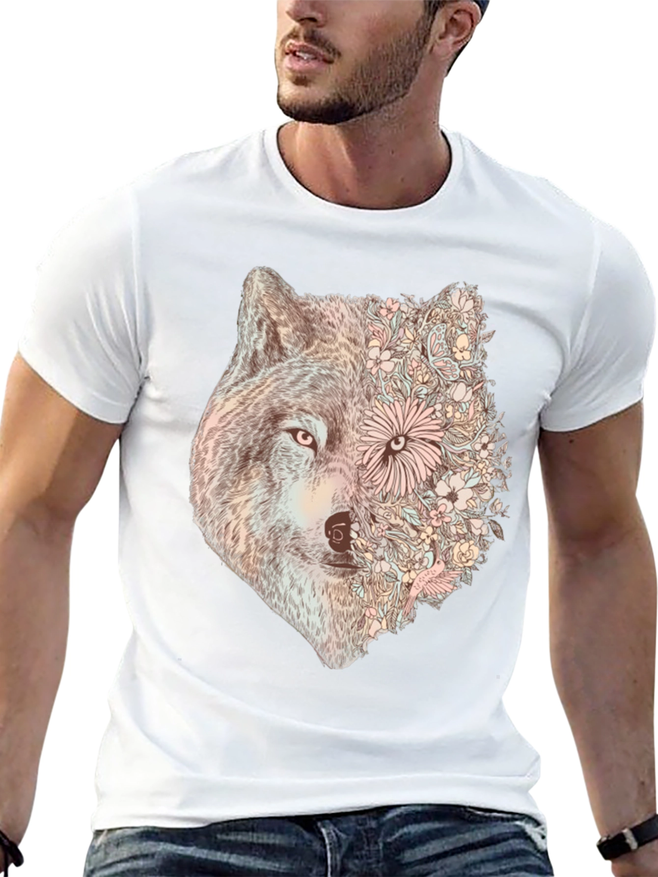 Black Floral Wolf Graphic Tee - Stylish Men's Black T-Shirt view 13