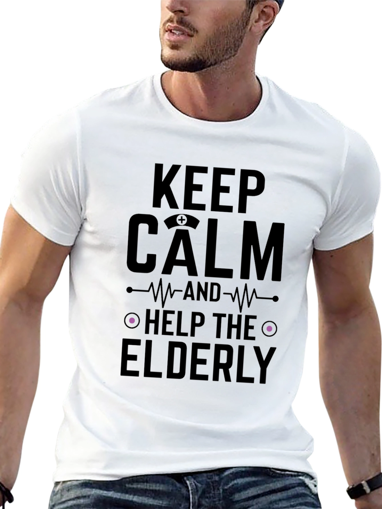 Black Keep Calm Help Elderly Black Graphic Tee view 13